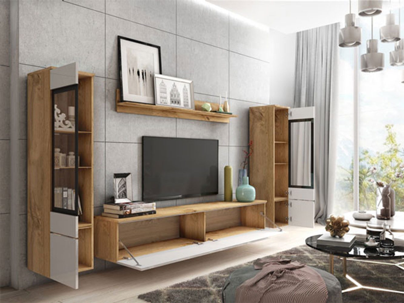 Feldmann-Wohnen Wohnwand Vera, (Vera, 4-St., 2 Hängevitrinen, 1 Lowboard, 1 Wandregal), 240cm Eiche Wotan / weiß Hochglanz 4-teilig