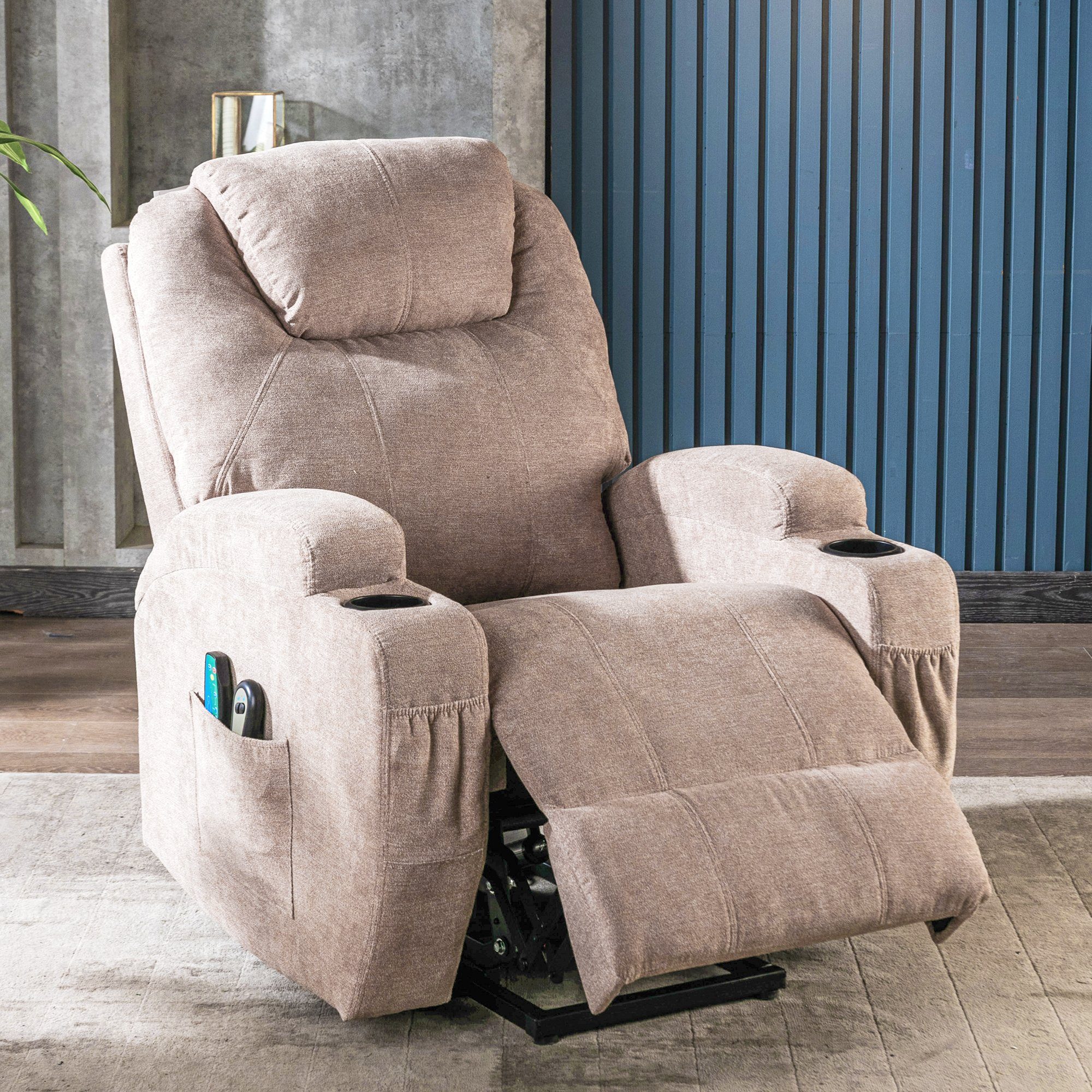 Merax TV-Sessel Wärmefunktion und Vibrationsmassage, Massagesessel mit relaxfunktion, Fernbedienung und USB Hellbraun