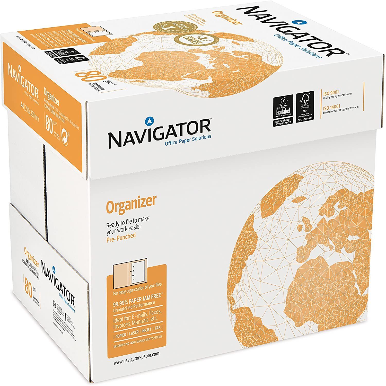 80g/m² 4-fach Kopierpapier Drucker- NAVIGATOR 2500 Blatt - und Navigator DIN-A4 gelocht Organizer