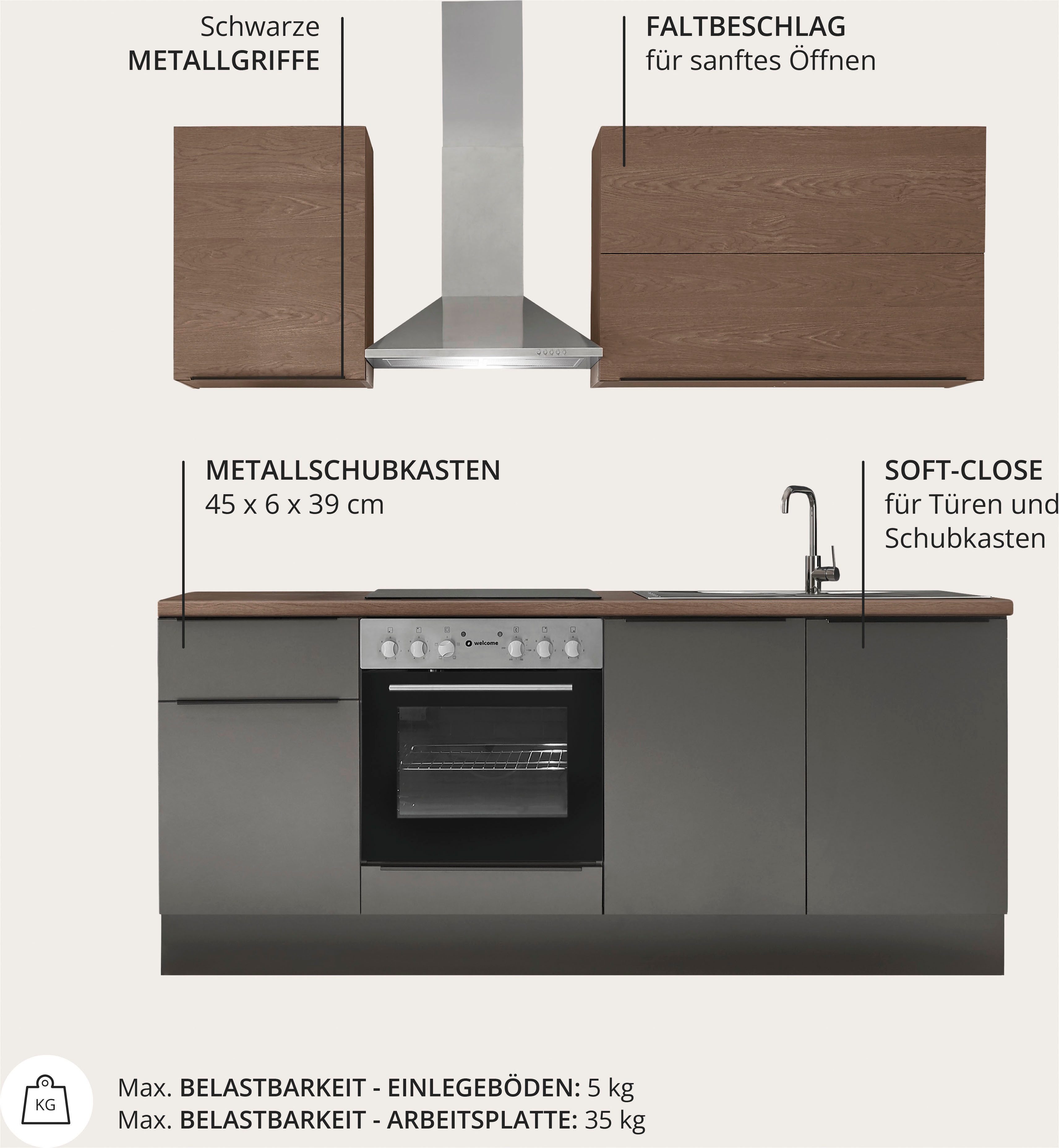 KOCHSTATION Küchenzeile Cocco B/H/T 210x211x60 cm, Breite 210 cm, wahlweise mit E-Geräten und Induktion