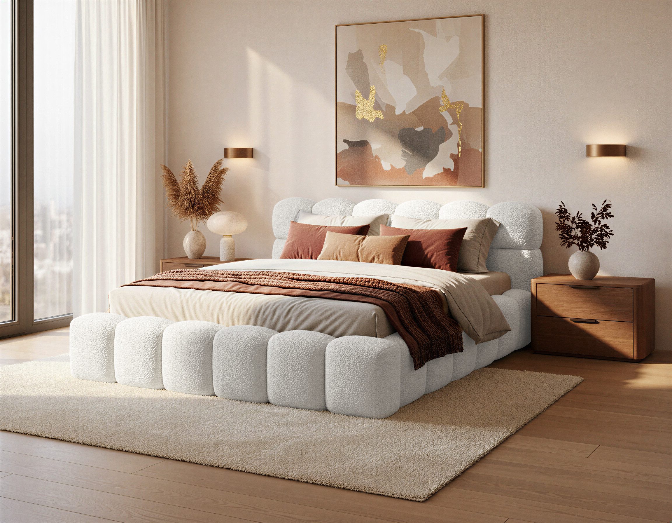 yourhouse24 Polsterbett Boston Slim Bouclé kompaktes Wolkenbett mit Bettkasten, Bubble-Optik & Japandi