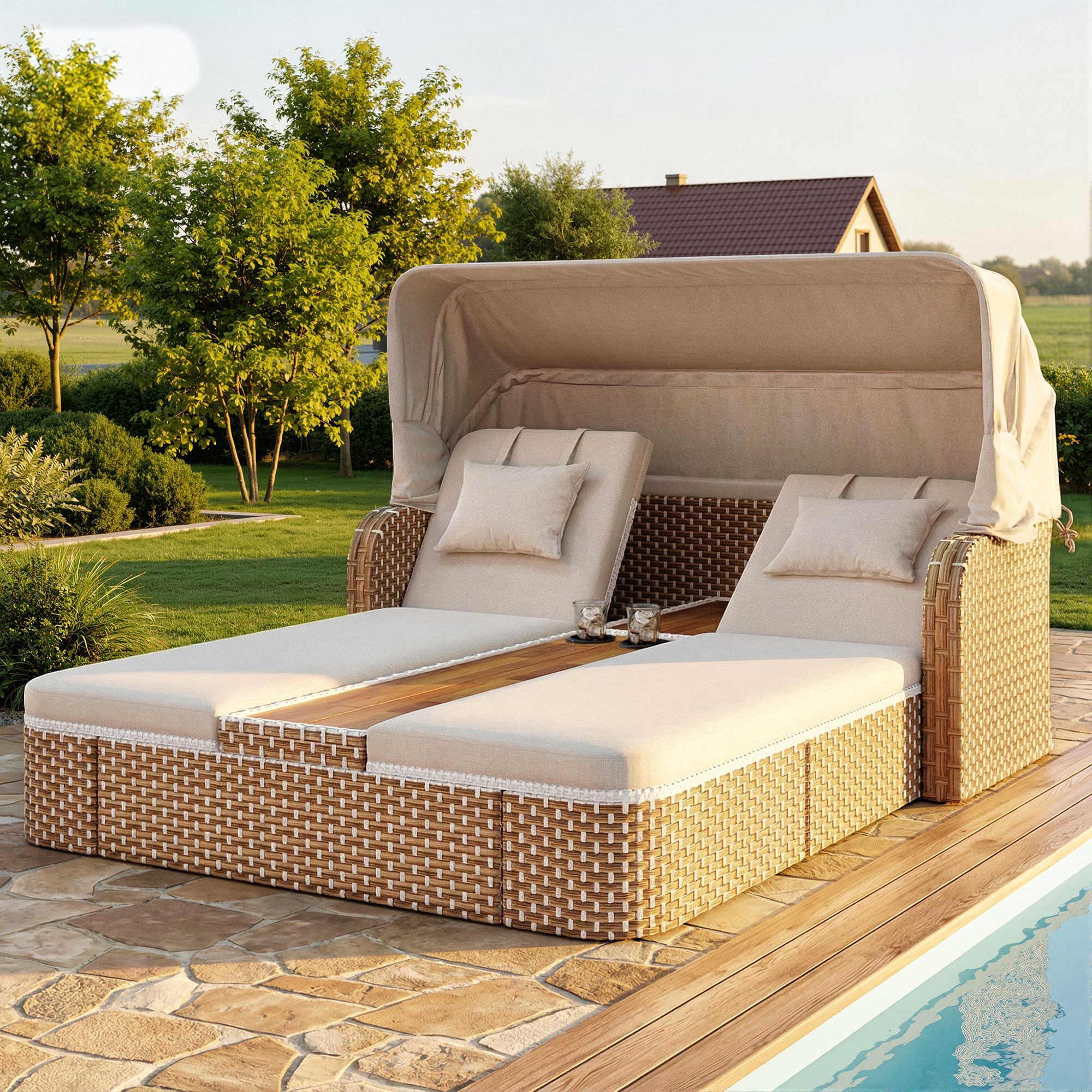 Merax Gartenlounge-Set Polyrattan Sonneninsel, (Wetterfest Für Terrasse Und Balkon, 1-tlg., Relaxsessel aus Akazienholz & PE-Rattan), 2-Sitzer Gartenliege mit verstellbarer Rückenlehne & Getränkehalter