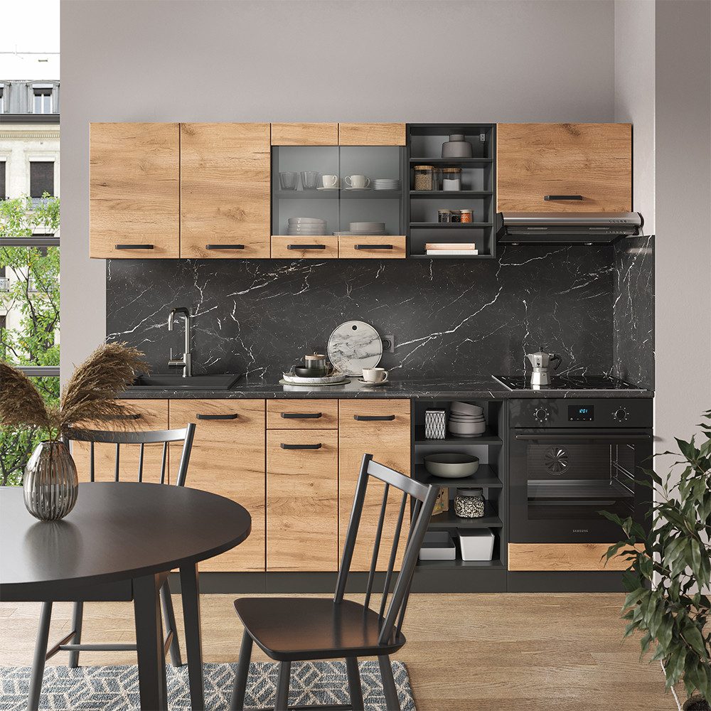 Vicco Küchenzeile R-Line, Goldkraft Eiche/Anthrazit, 240 cm, AP Eiche