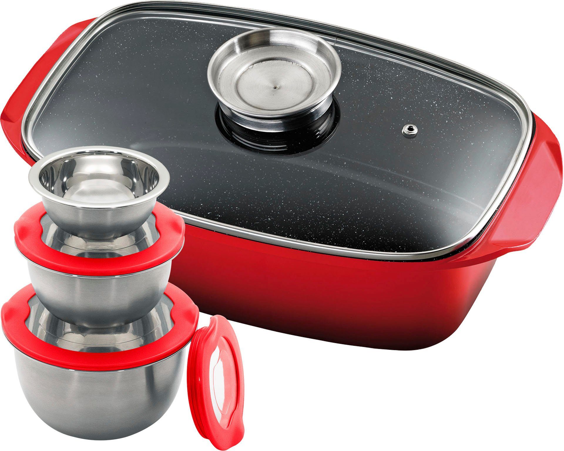 KING Bräter 5L, Aluminiumguss (Set, 8-tlg., 3 Schüsseln mit Kunststoffdeckeln: Ø17.5 Ø14.5 Ø12cm, 33x21cm), Aromaknopf, Induktion, mit Glasdeckel, Antihaft-Keramikbeschichtung