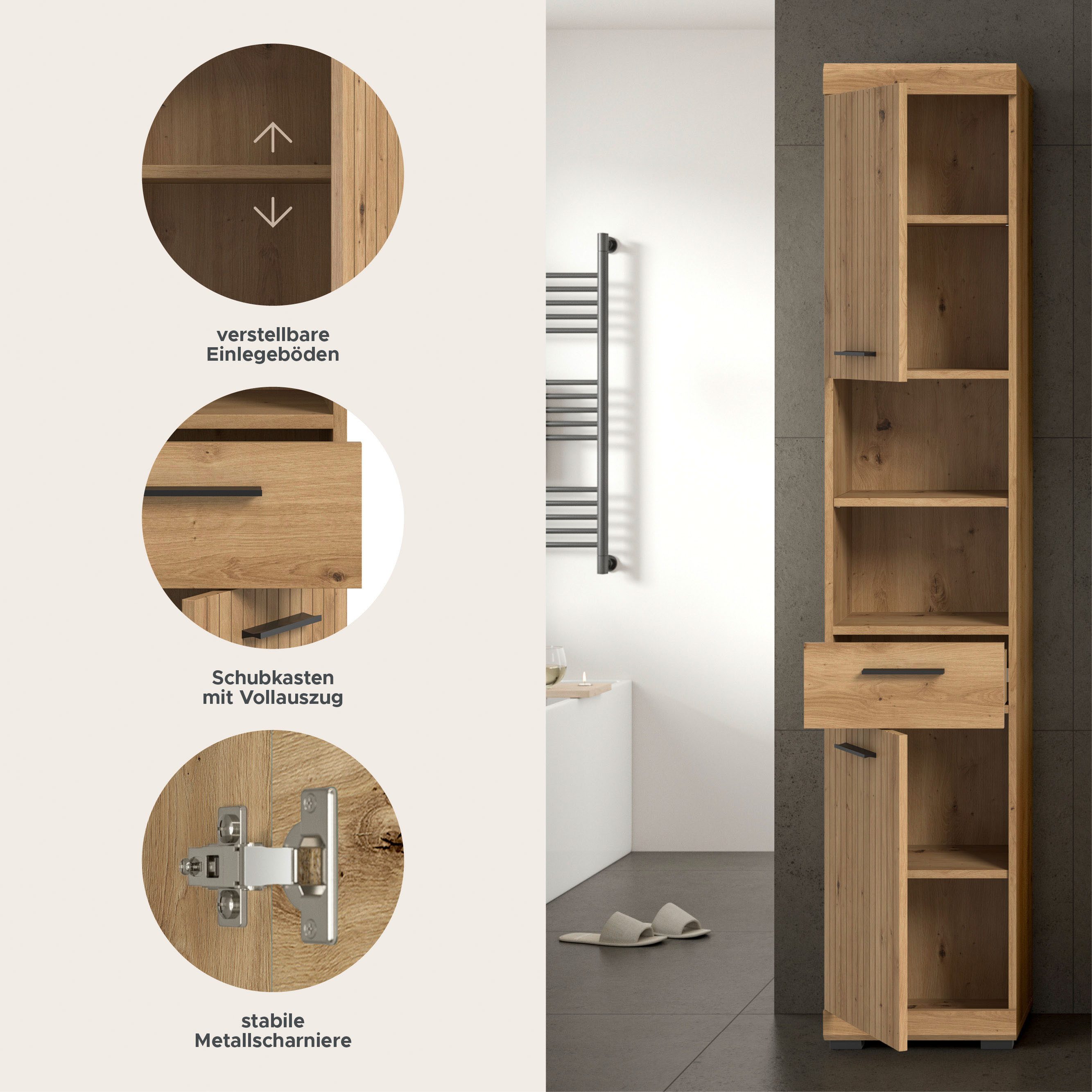 welltime Hochschrank SIENA, Breite 37cm, 2 Tür, 1 Schubkasten, 2 offene Fächer, MDF-Front (1-St., TOPSELLER) in verschiedenen Farben erhältlich, Badmöbel, Badschrank, Schrank, Bad