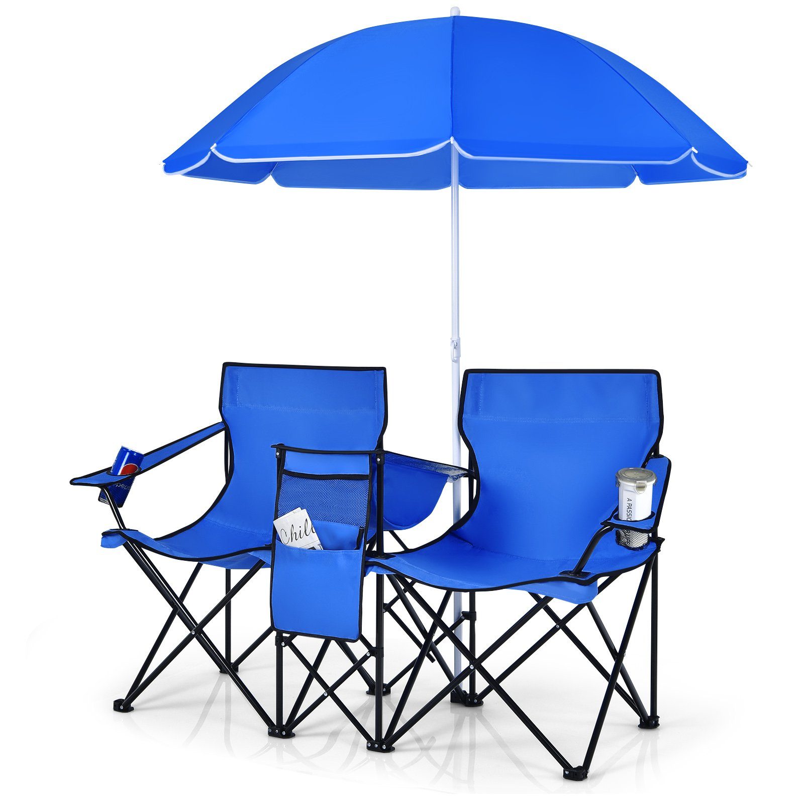 COSTWAY Campingstuhl, mit Sonnenschirm, Getränkehalter & Kühltasche, faltbar Blau