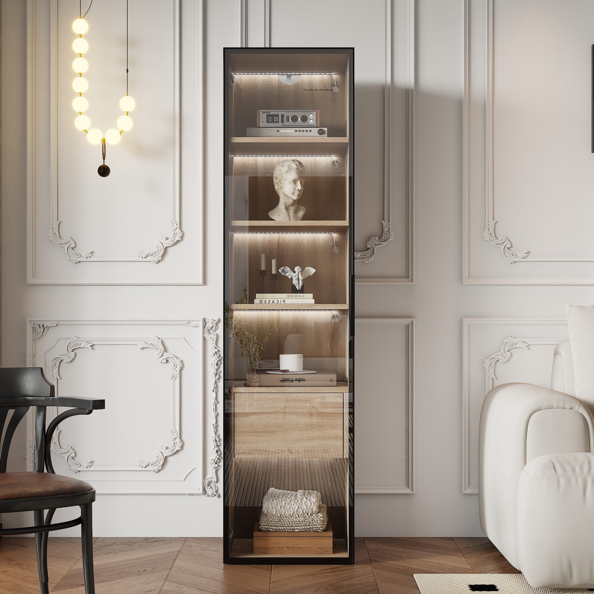OKWISH Vitrine Badezimmerschrank (Hochschrank, Lagerschrank, Highboard, Lagerschränke, 1-St., mit 1 großen Schubladen und 1 Türen) mit Lichtleiste, Glastür