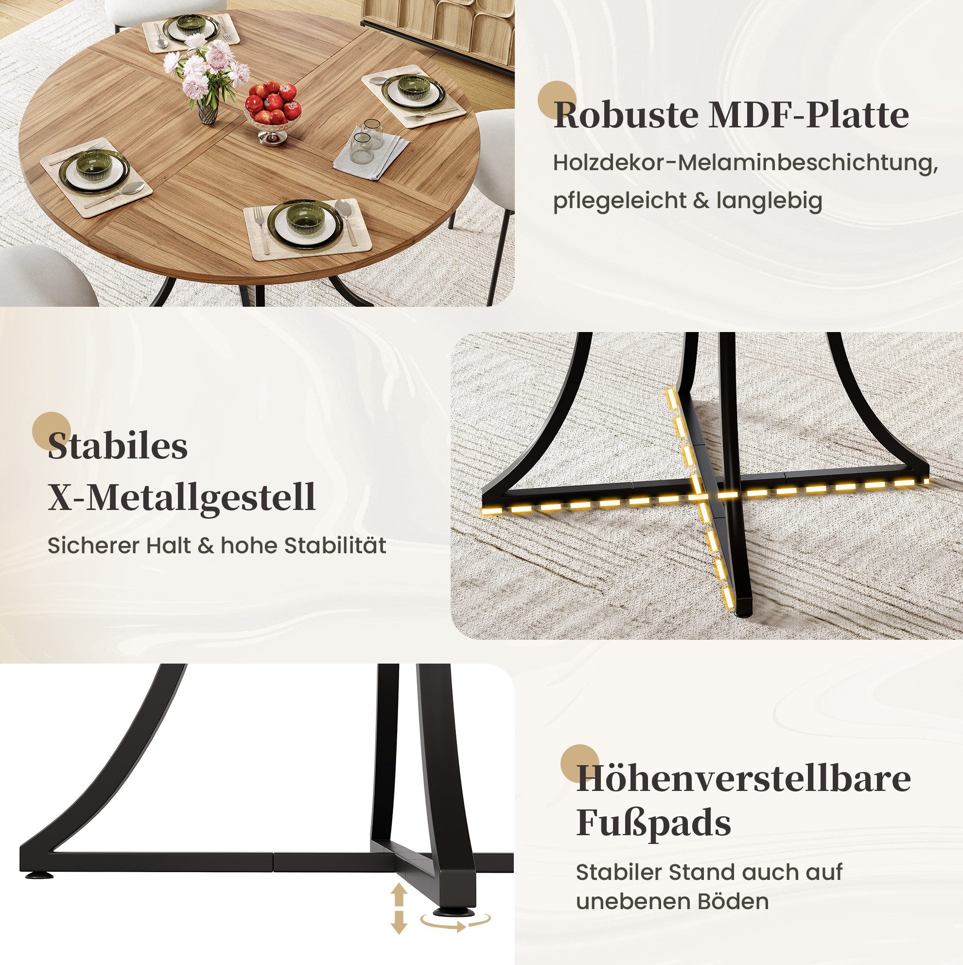 MODFU Esstisch Kompakter Tisch – 100×100×75 cm für 4–6 Personen (Packung, 1-St., Walnuss+Schwarz, für Esszimmer & Wohnzimmer), Walnussoptik, X-Gestell, Ablage, MDF