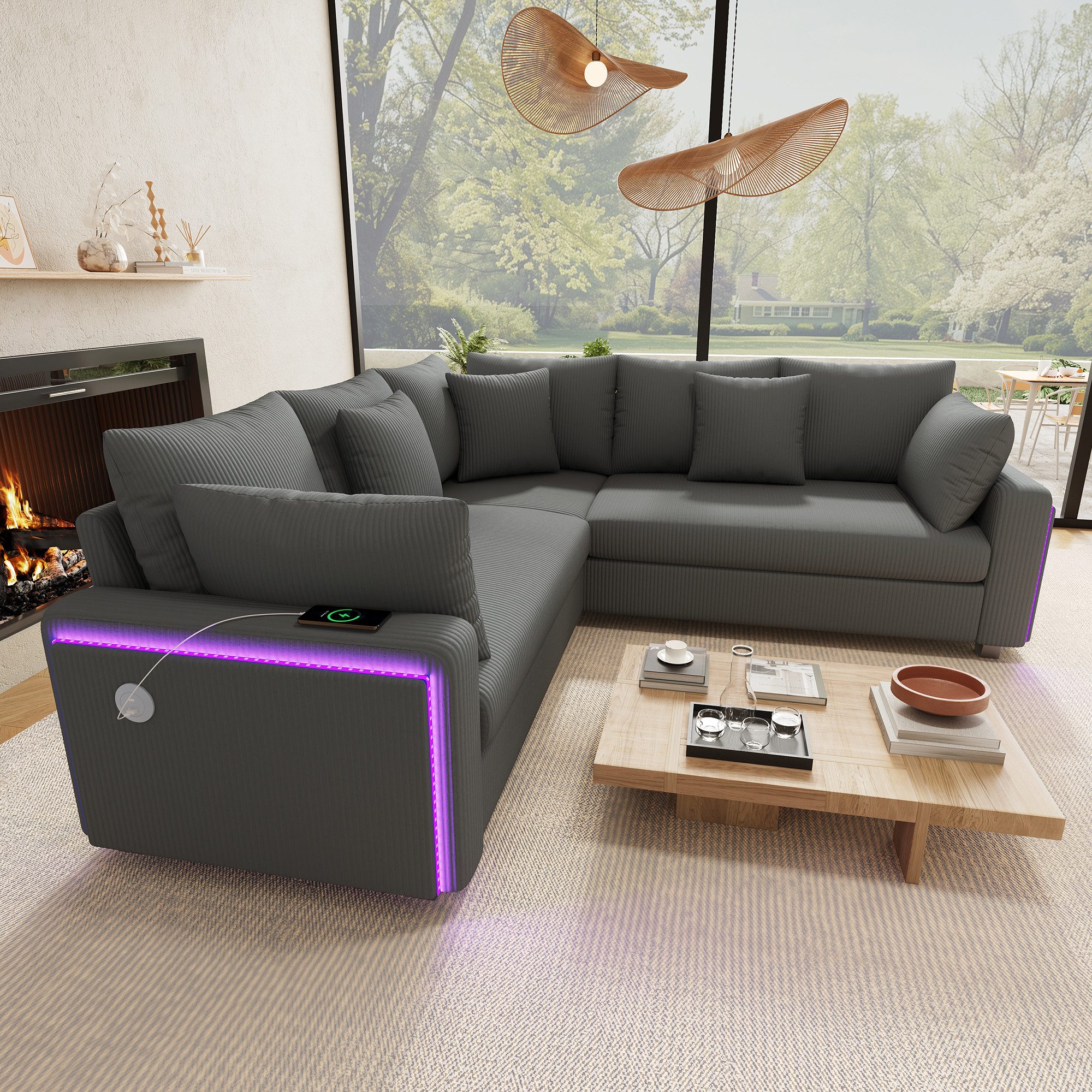 MODFU Ecksofa USB-Anschlüsse, weicher Cordstoff, Inklusive Kissen für Wohnzimmer & Apartments 1 Teile, Cord-Sofa 198x198x83 cm, Grau mit LED