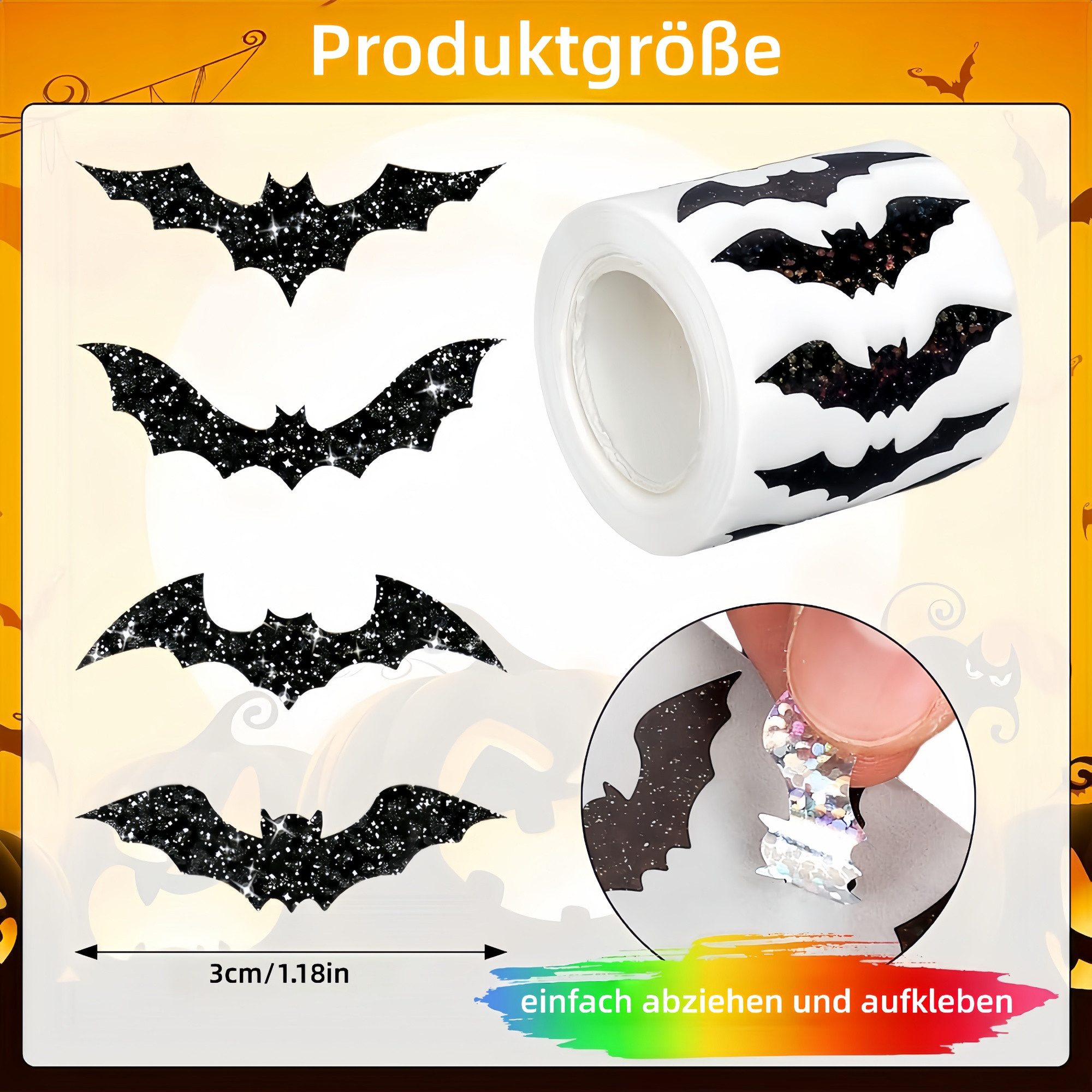 FOUORTUNATE-BEE Dekohänger 500 Halloween Glitzer-Aufkleber mit Fledermäusen für Kinder, Halloween Fledermaus-Sticker für Partys, Umschläge & Notizbücher – Bild 2 von 5
