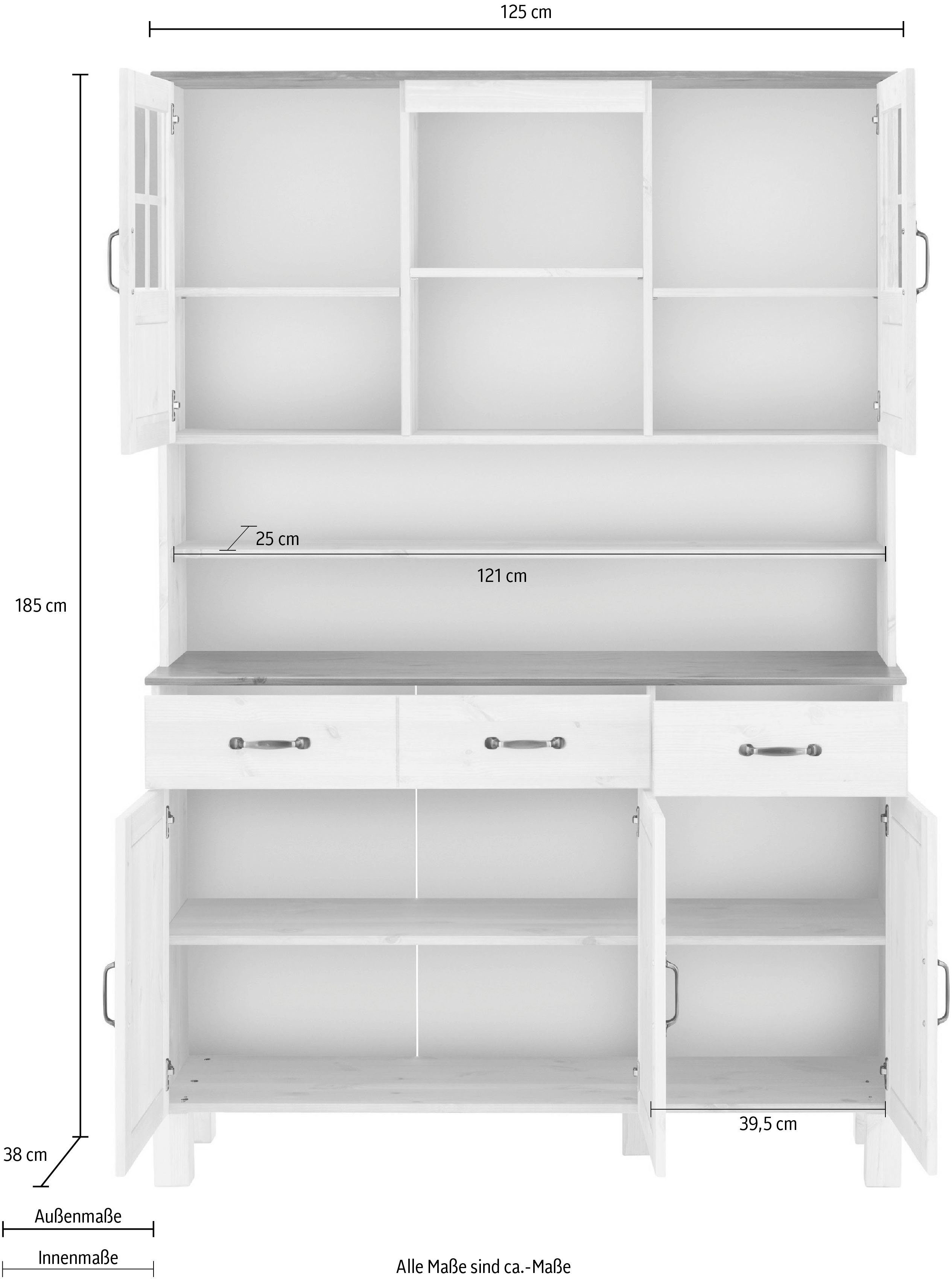 Home affaire Küchenbuffet Alby 2 weiß 125 2 cm, | Breite Schubladen Glastüren, weiß-honigfb