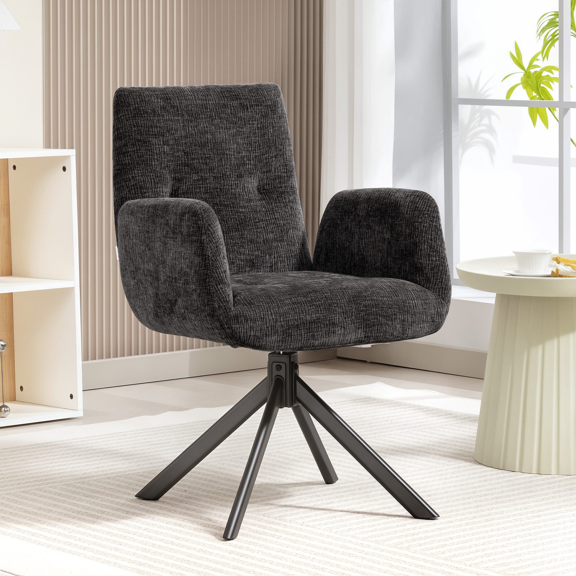 HOMCOM Relaxsessel Sessel Drehbar mit Armlehne, Wolle-Leinenoptik (Polsterstuhl, 1-St., Loungesessel), für Wohnzimmer, Schlafzimmer, Schwarz