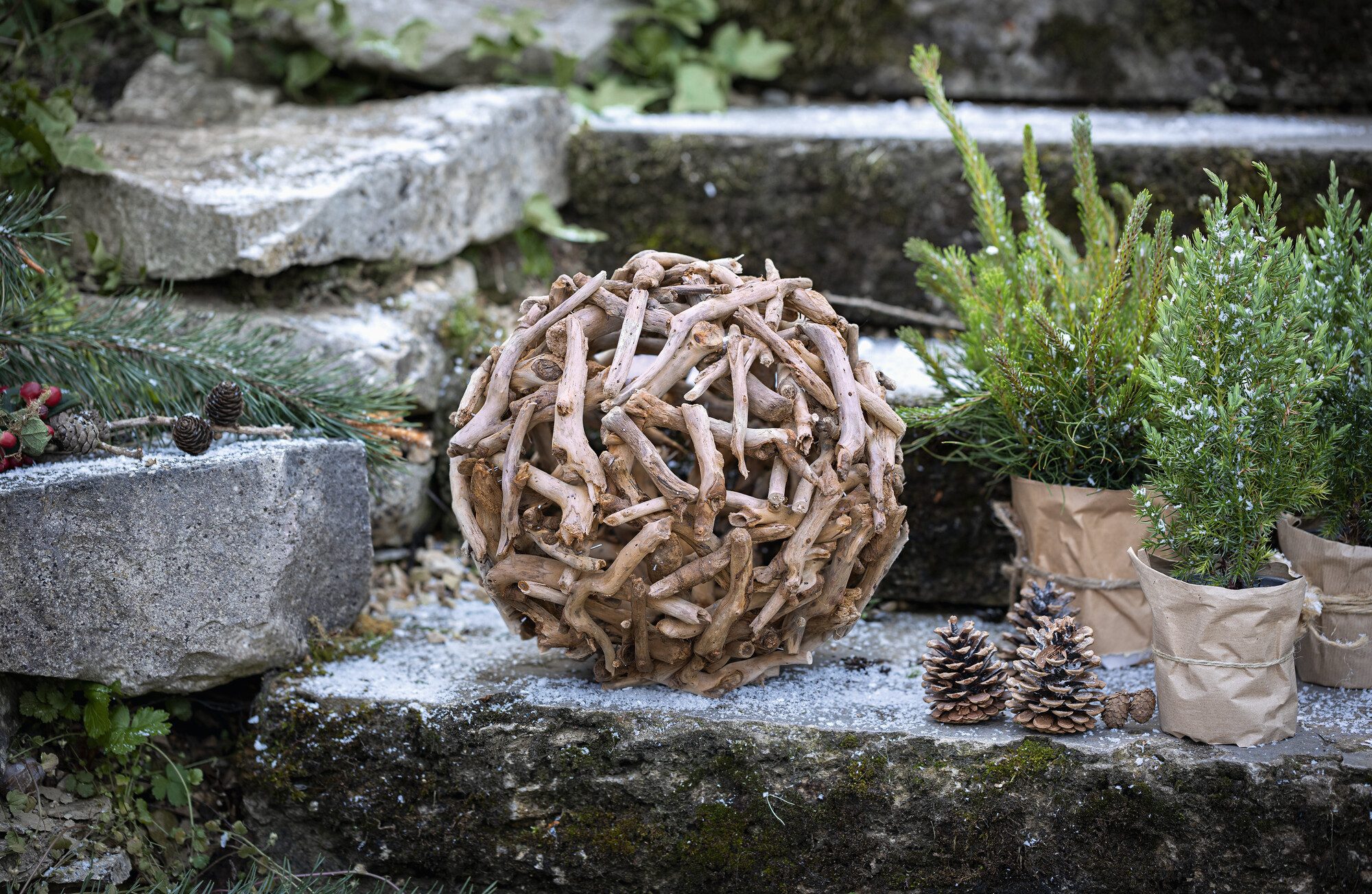 Frank Flechtwaren Dekokugel, Ø 30 cm Kugel Treibholz 30cm Deko natur Holz Gartenkugel Holzkugel