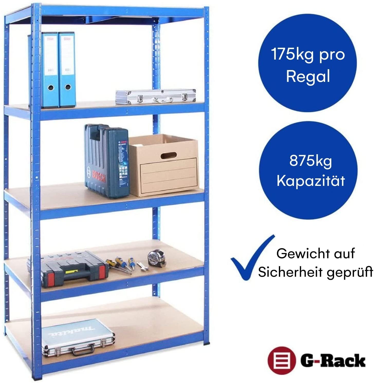 G-Rack Mehrzweckregal Schwerlastregal, 5 Fächer, Metall Regalfreistehendes 1-tlg., 1 I Blau 180x90x30cm, Steckregal