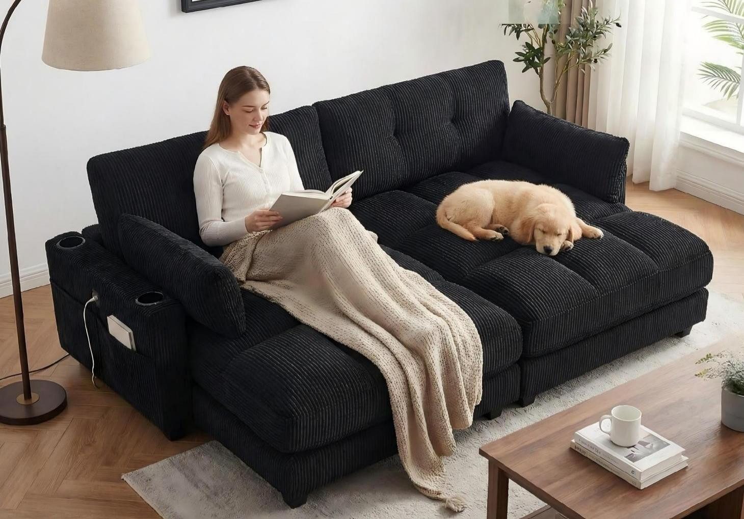 LVHOM Polsterliege Ottomane/Loungesofa/Polsterbett/Daybett/Gästebetten/Schlafsofa (USB/Typ C-Ladeanschlüssen, Seitentaschen, Getränkehalter, modularer Flexibilität Palmen Sessel, links & rechts tauschbare Armlehnen, Schlaffunktion, Platzsparend, 2-St., Multifunktional für Kleinwohnung, Homeoffice und Gästeübernachtung), Perfekt für Wohnzimmer, Schlafzimmer, Jugendzimmer, Gästezimmer