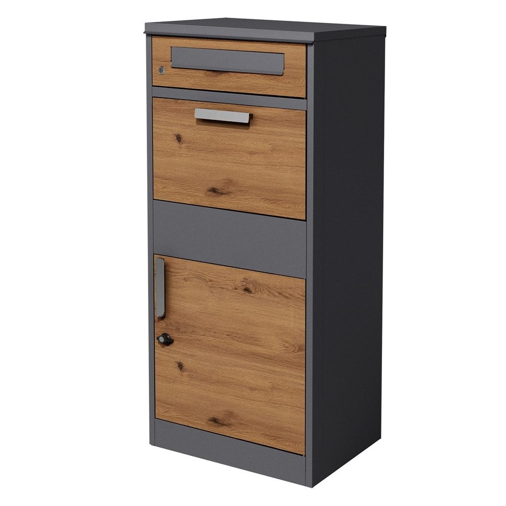 ML-DESIGN Paketbriefkasten Standbriefkasten aus verzinktem Stahl abshließbar 2 Schlüssel, Paketkasten Anthrazit-Eiche Optik Paketbox für Briefe Warensendungen