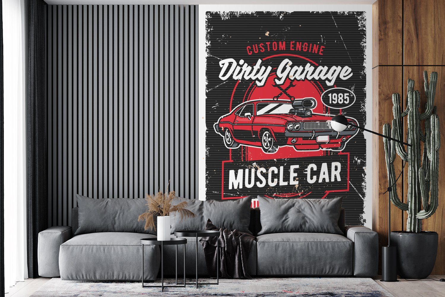 Auto Mancave für MuchoWow Vintage, Rot bedruckt, Fototapete (3 - - Vinyl Matt, St), Wohnzimmer, Tapete - Montagefertig Wandtapete