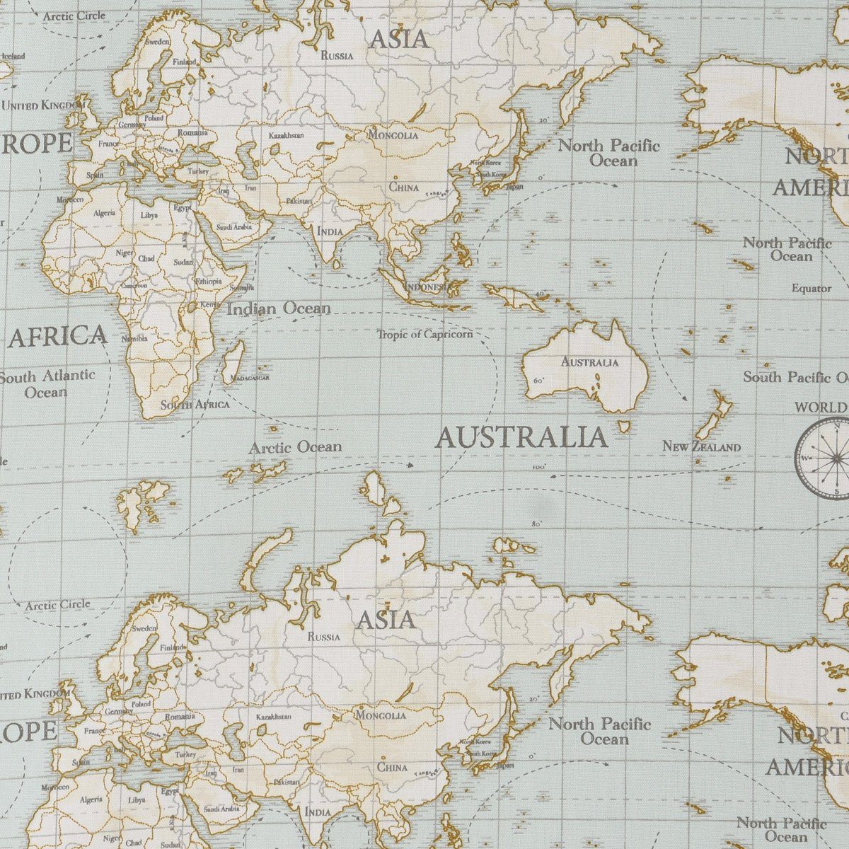 Stoff Fryett`s Englischer Dekostoff Baumwollstoff Weltkarte hellblau 138cm