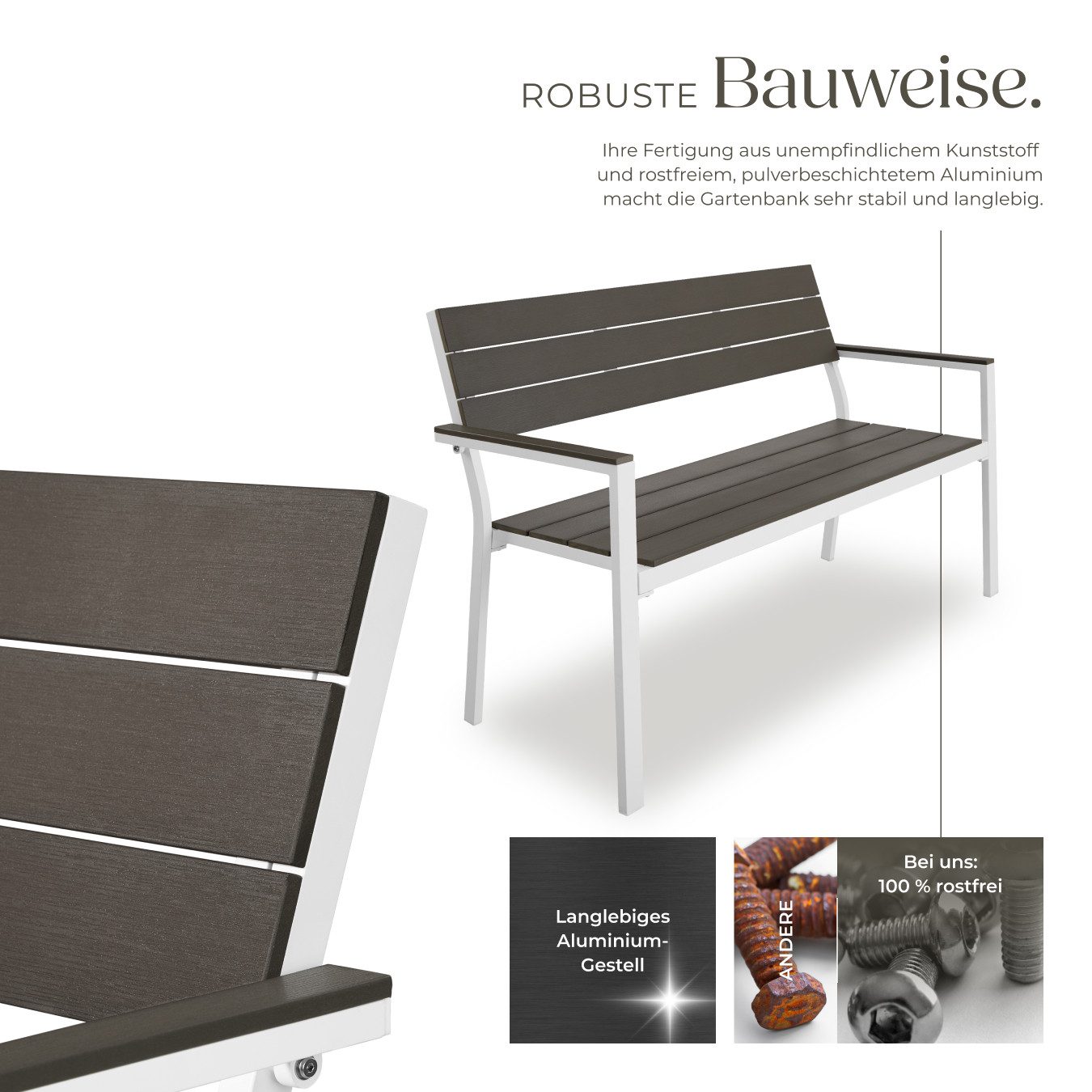 tectake Gartenbank Aluminium-Outdoor-Sitzbank, Maße: 128 x 59 x 88 cm, 2-Sitzer (Parkbank Line, in hellgrau/weiß), Wetterbeständig, Holzoptik, mit einer Belastb – Bild 4 von 5