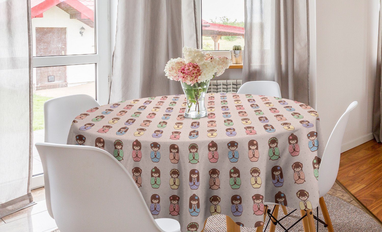 Abakuhaus Tischdecke Kreis Tischdecke Abdeckung für Esszimmer Küche Dekoration, japanisch Bunte Kokeshi Puppen