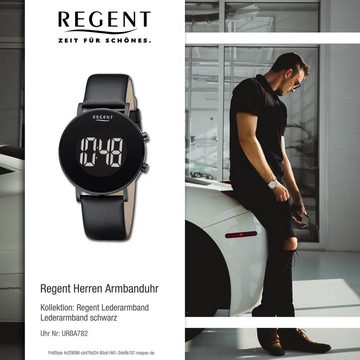 Regent Quarzuhr Regent Herren Armbanduhr Digital, Herren Armbanduhr rund, extra groß (ca. 40mm), Lederarmband