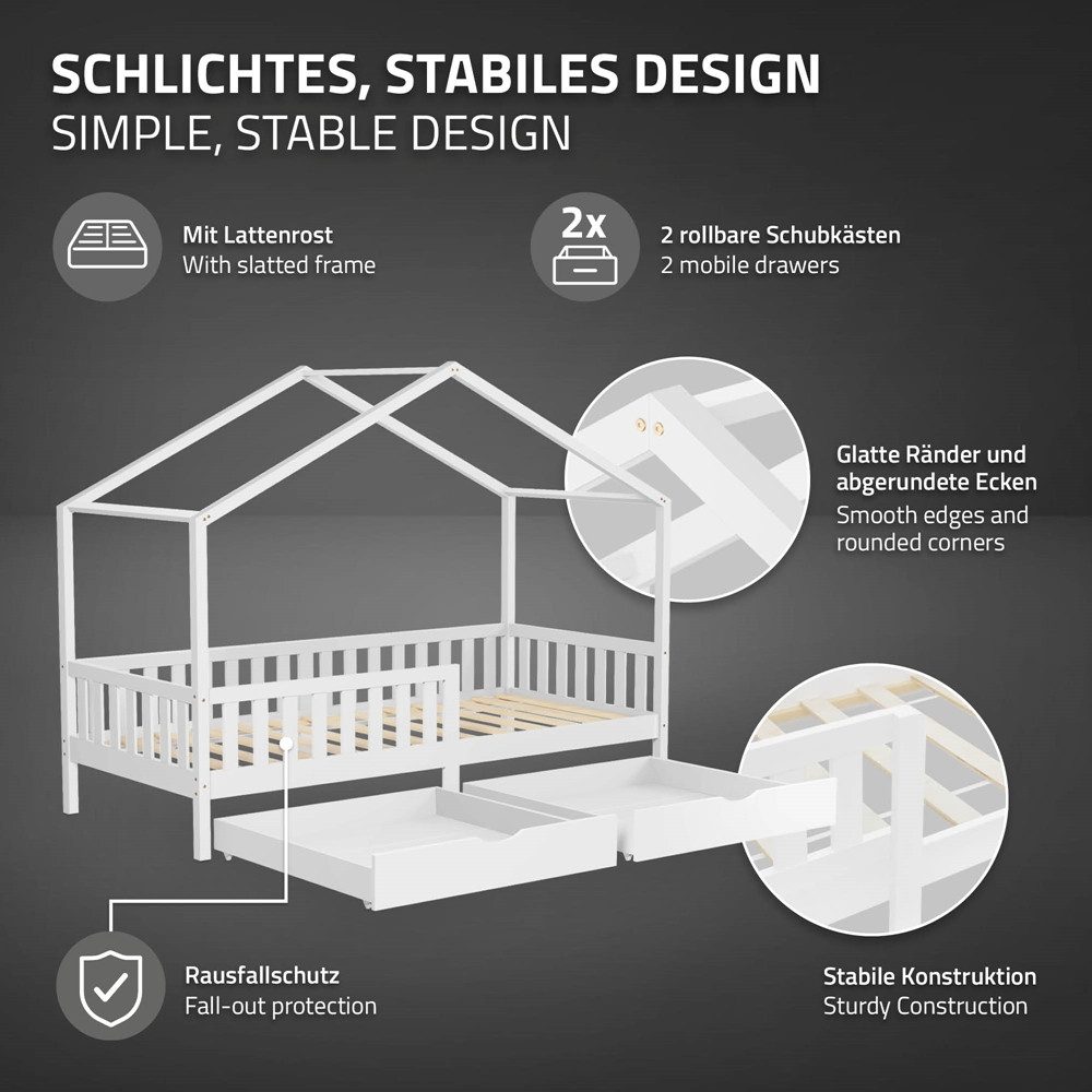 ML-DESIGN Spielbett Hausbett Kinderbett inkl. 2 Schubladen, Lattenrost und Rausfallschutz, Abenteuerbett 90x200cm Haus Bett Himmelbett Kiefer Jugendbett Weiß – Bild 3 von 5