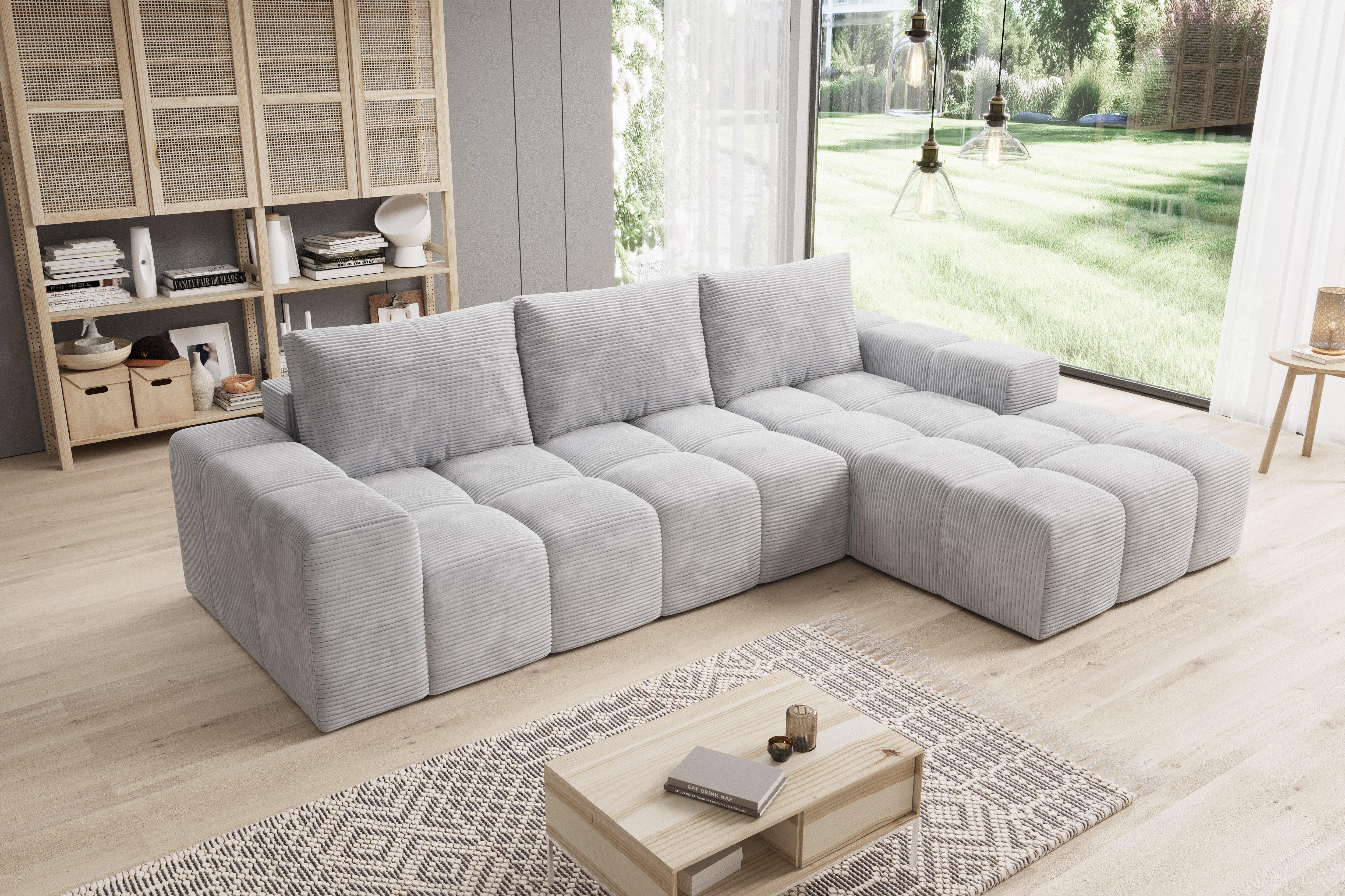 PROMETO Möbel Ecksofa Cento Couch L-Form,Sofa Links/Rechts Teddy-Bouclé, Web oder Cord-Stoff