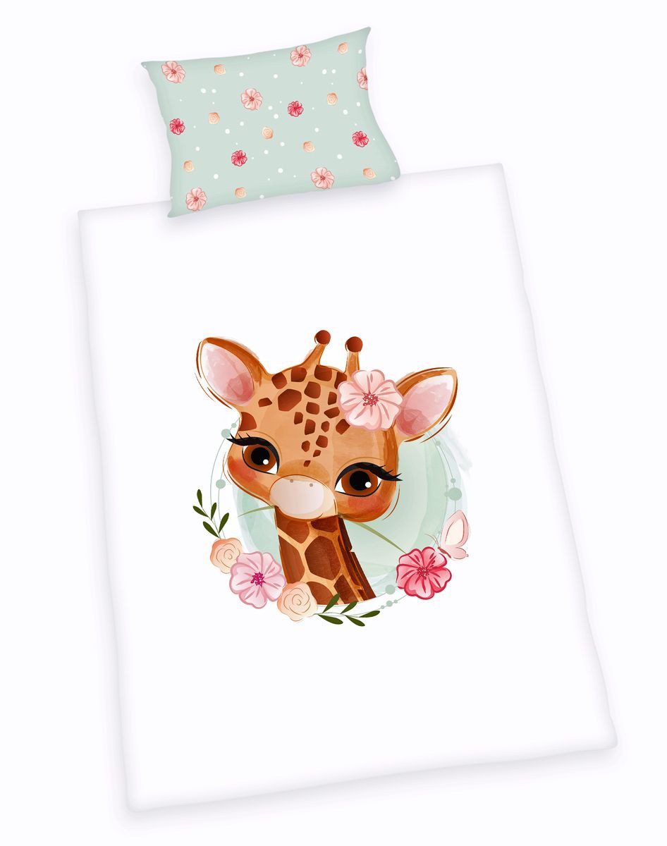 Babybettwäsche 100x135cm süße Giraffe im Blumenmeer