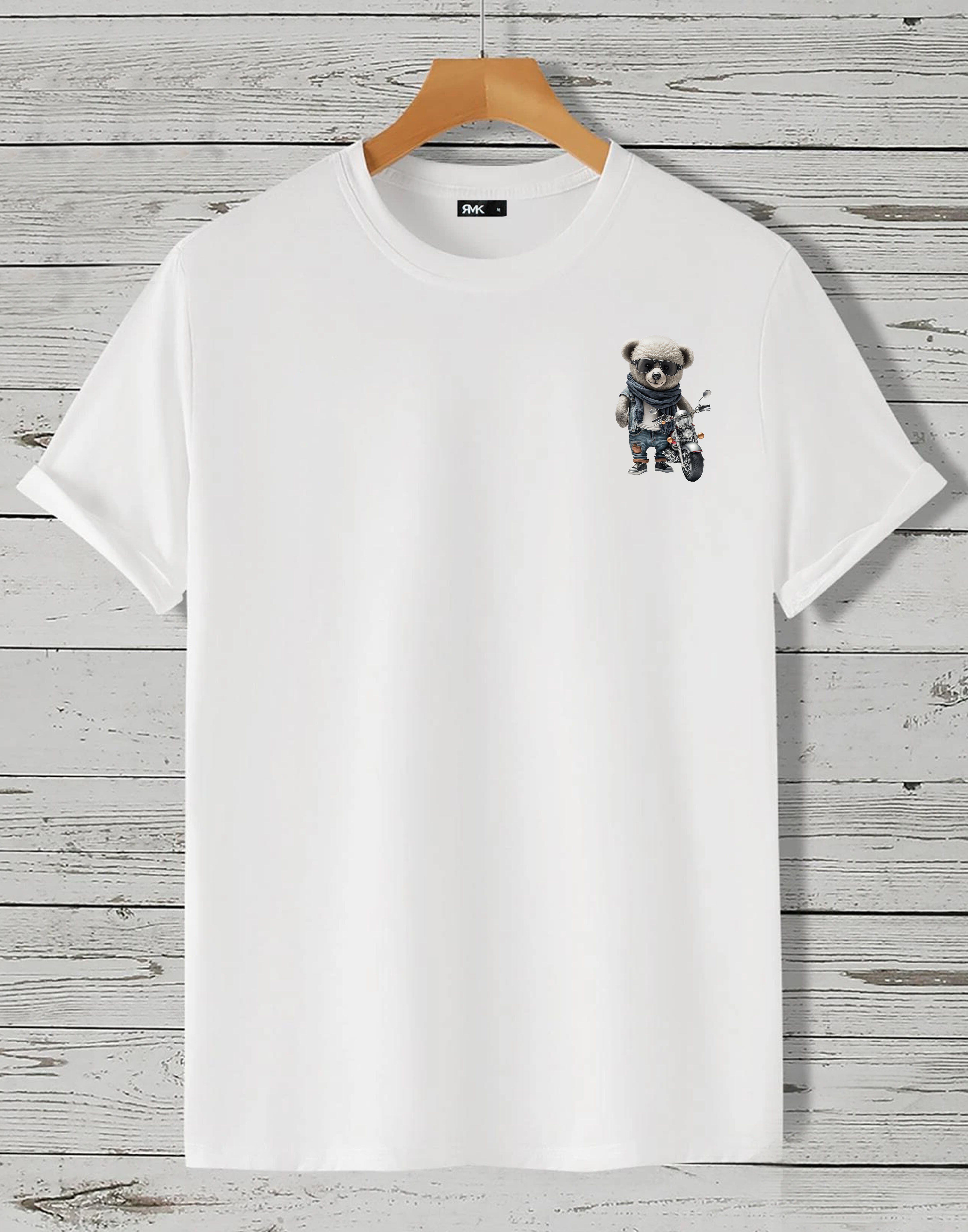 RMK T-Shirt Herren T-Shirt Rundhals mit Teddybär Motorrad Weiß (klein)