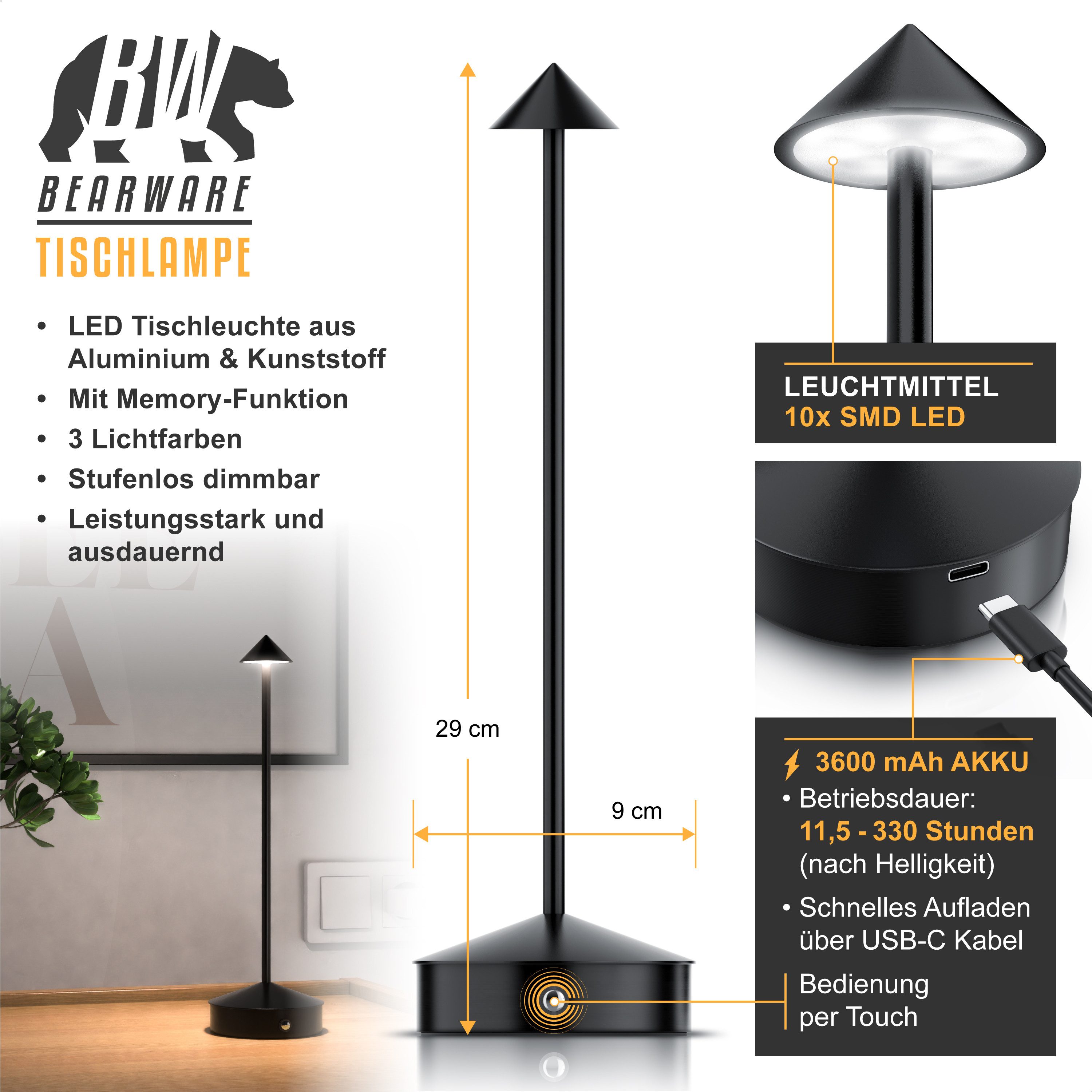 BEARWARE LED Tischleuchte kabellos, stufenlos dimmbar, günstig online kaufen