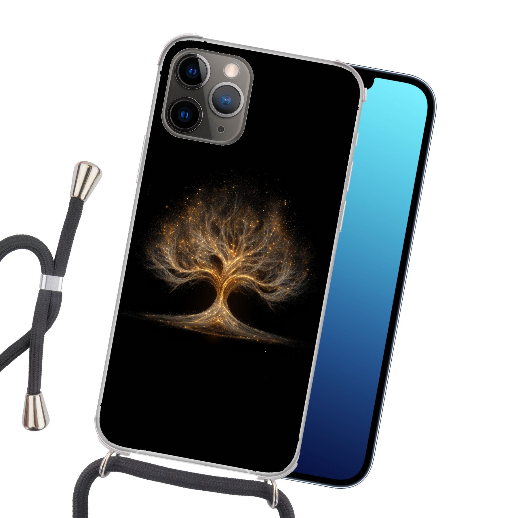 MuchoWow Handyhülle für Apple iPhone 12 Pro Lichter - Baum - Abstrakt - Schwarz, Tragbare Handyhüllen mit Kette zum umhängen, Handykette Handyband