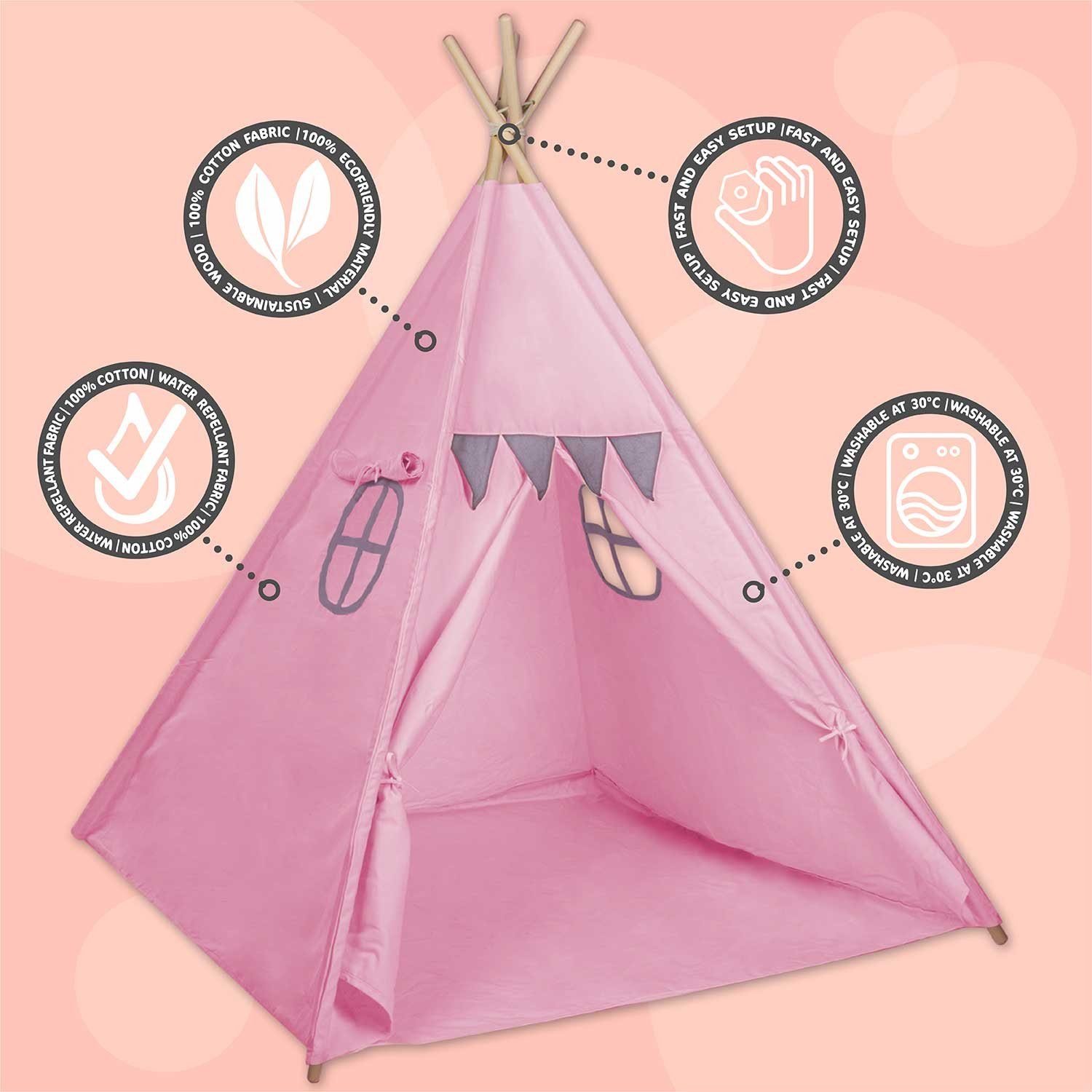 all Kids United Tipi-Zelt ALL KIDS UNITED Tipi Kinderzelt mit Fenster und Tür, Baumwolle & Holz, Kinder-Zelt aus Baumwolle & Holz