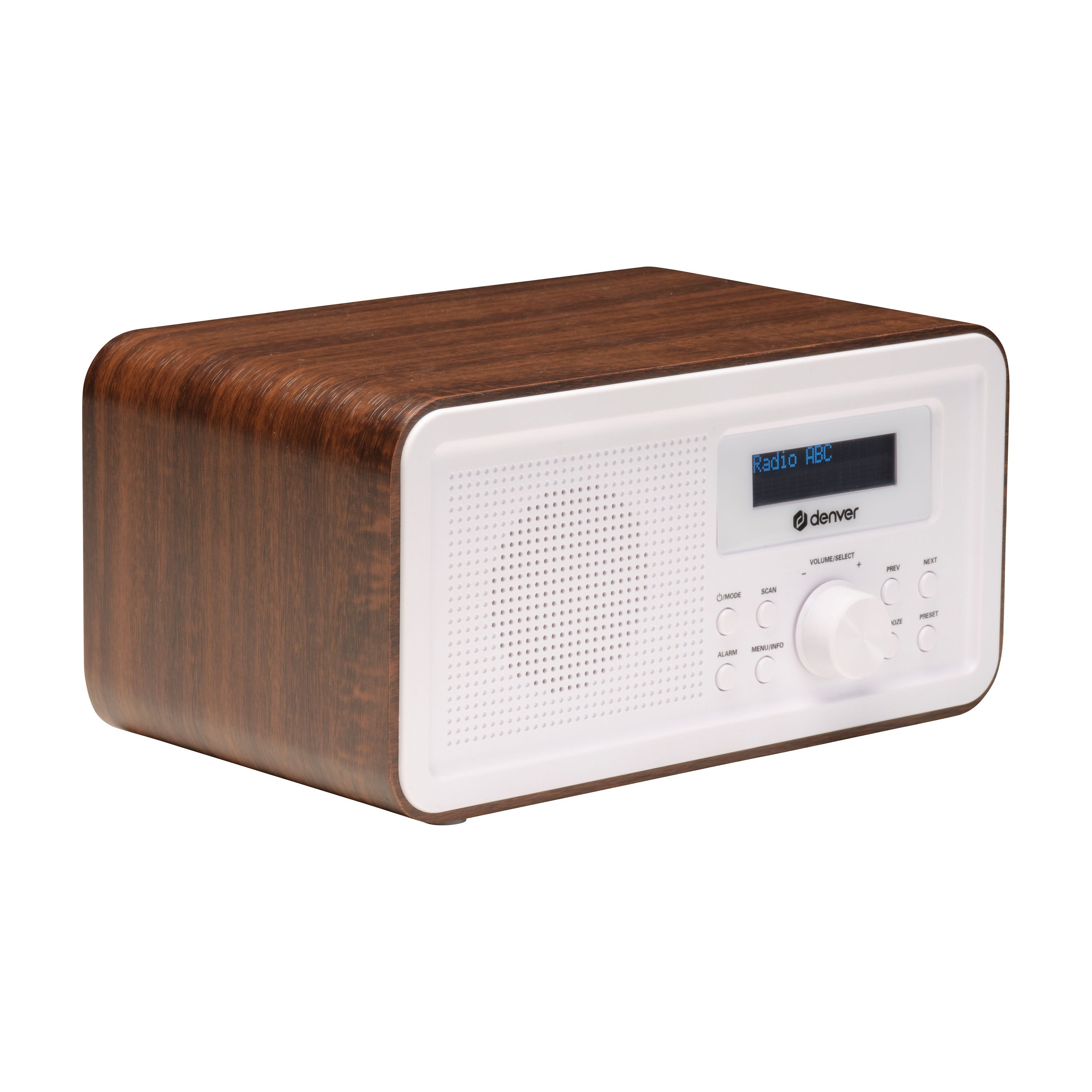 Denver DAB-30DW Digitalradio (DAB) (DAB+, FM PLL, Uhr & Alarm, Snooze, 20-stufige Lautstärkeregelung, 1 W, Holz-Design, DAB+/FM PLL)