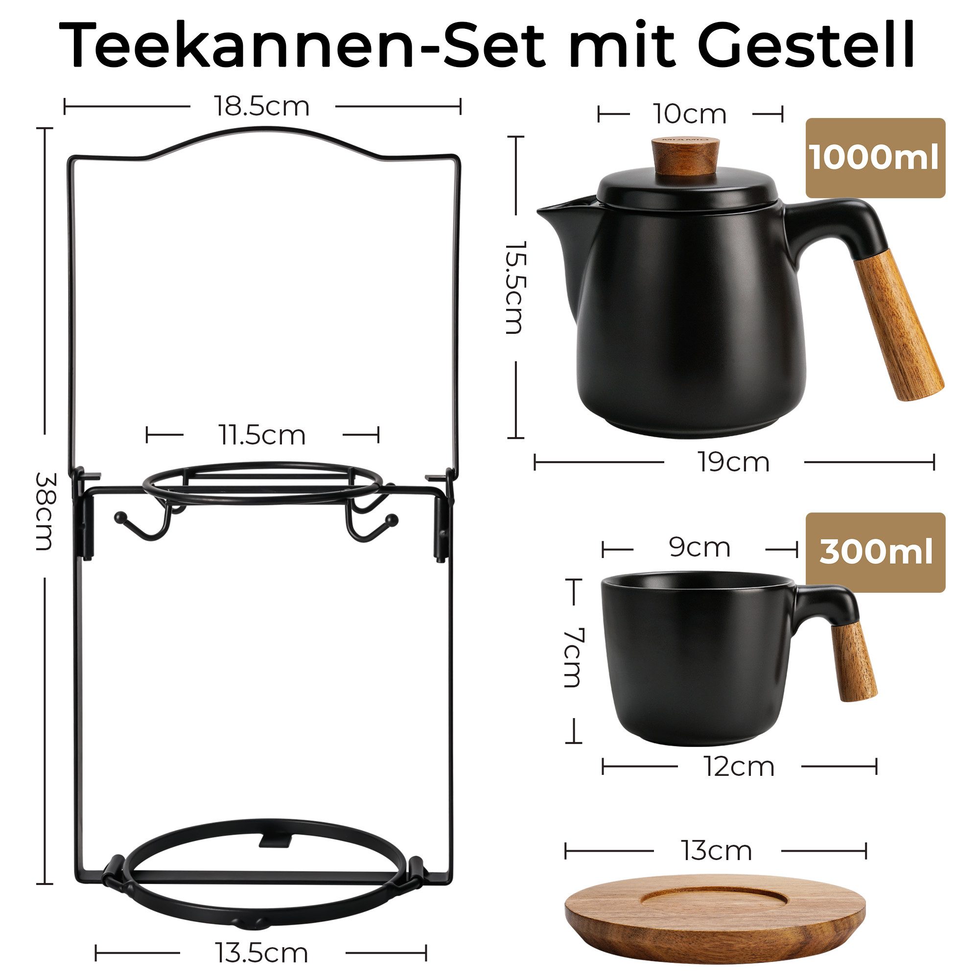 MiaMio Teeservice Teekannen-Set mit Gestell, schwarz, Keramik