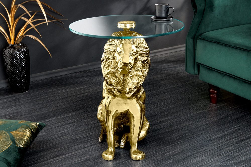 riess-ambiente Beistelltisch WILDLIFE LION 60cm gold antik / transparent · Couchtisch aus Metall (Einzelartikel, 1-St), Wohnzimmertisch mit Glas-Tischplatte · rund · handmade · Löwen-Statue