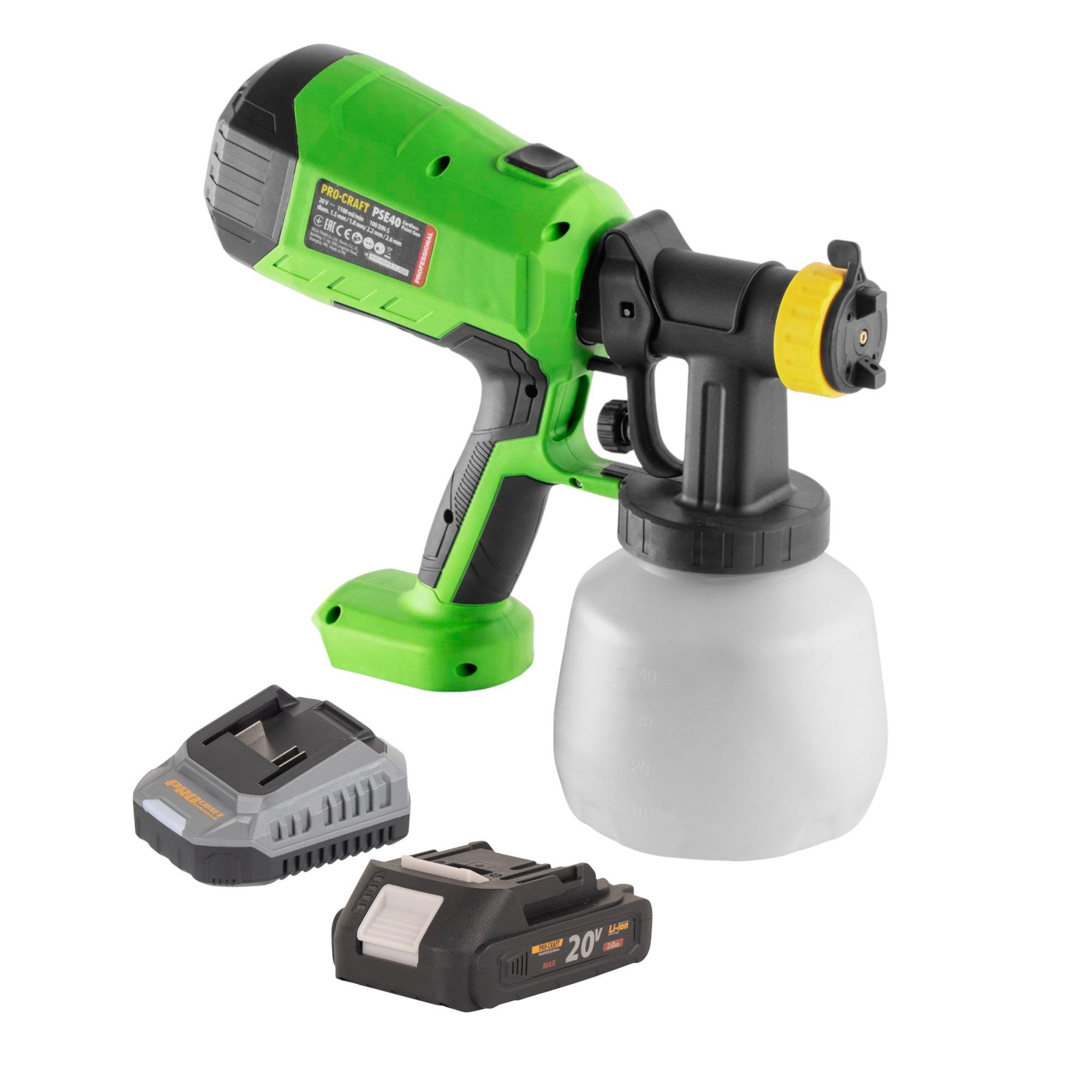 PRO CRAFT Farbsprühgerät PSE40bb Akku Farbspritzpistole 20 V + 1x Akku 2,0 Ah + Ladegerät