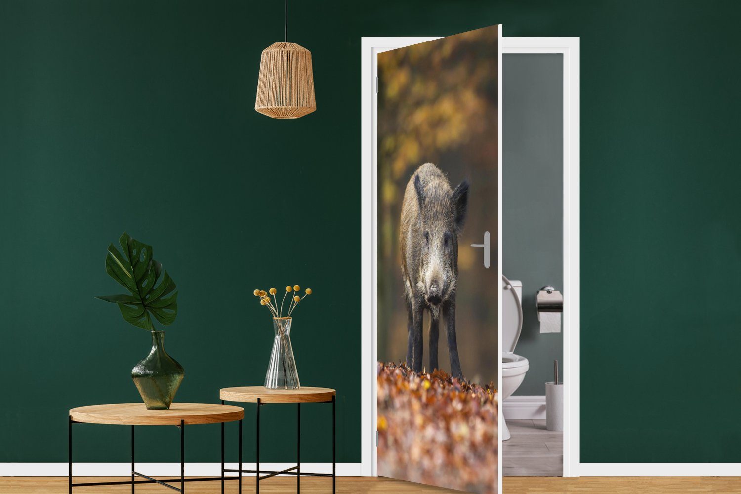 - Wildtier Türtapete Tür, 75x205 cm (1 bedruckt, Türaufkleber, MuchoWow für - Wald Fototapete Herbst, St), Matt,