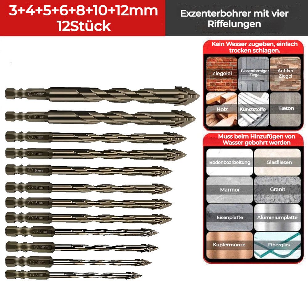 QUBEBU Bohrersatz 12Stk 3-12 mm Exzenterbohrer Set vierschneidiger Sägezahn-Bohrer, (Exzentrischer Bohrer, Vierschneidiger Gezackter, 1/4 Sechskantschaft, 12-tlg., Holzbohrer Spiralbohrer Bohrersatz (12-tlg), Sechskantschaft), für Porzellan, Keramik, Fliesen, Beton, Ziegelwand, Glas