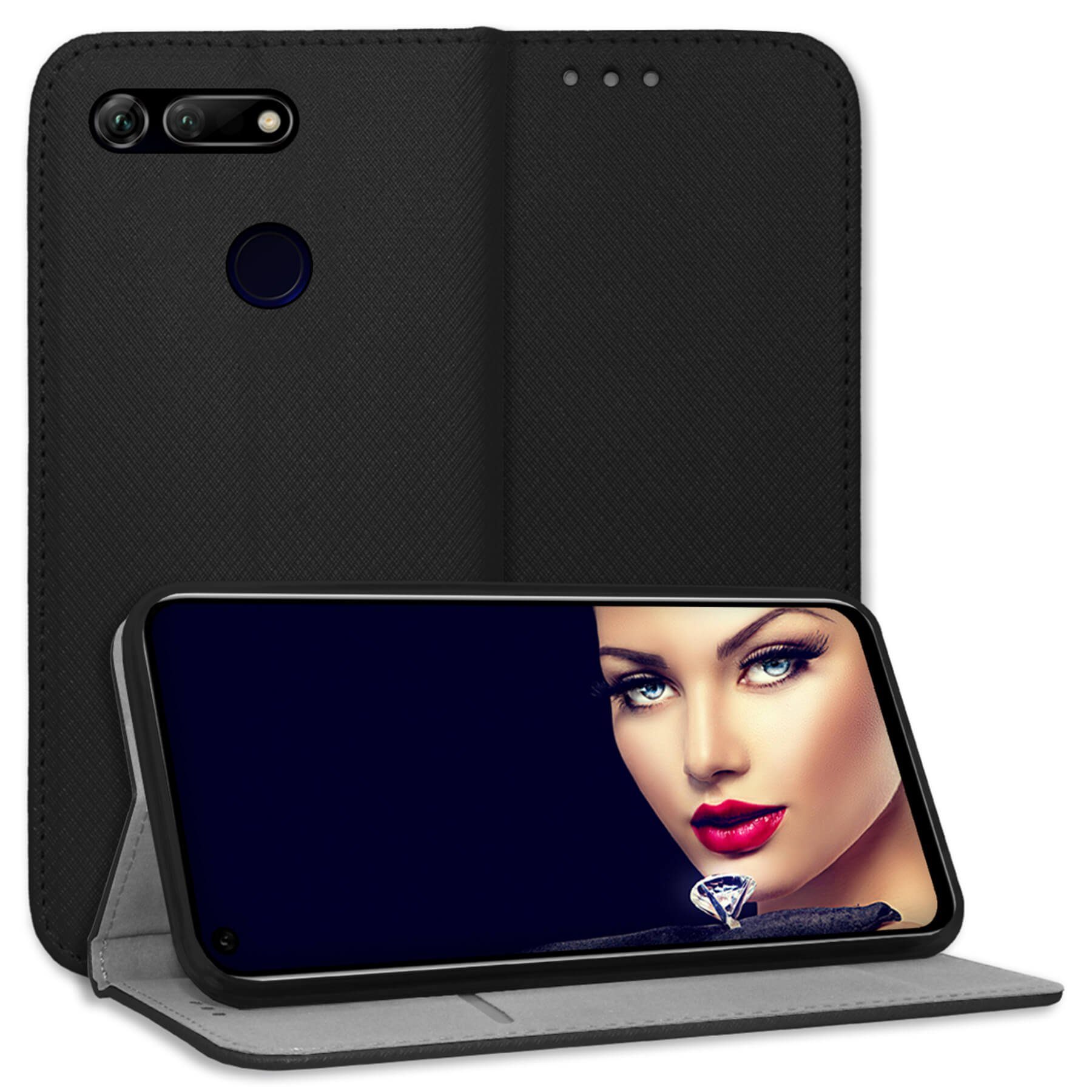 mtb more energy Smartphone-Hülle Smart Magnet für Honor View 20 / Honor V20, Schwarz, Bookstyle Klapphülle Cover Wallet Case aus Kunstleder