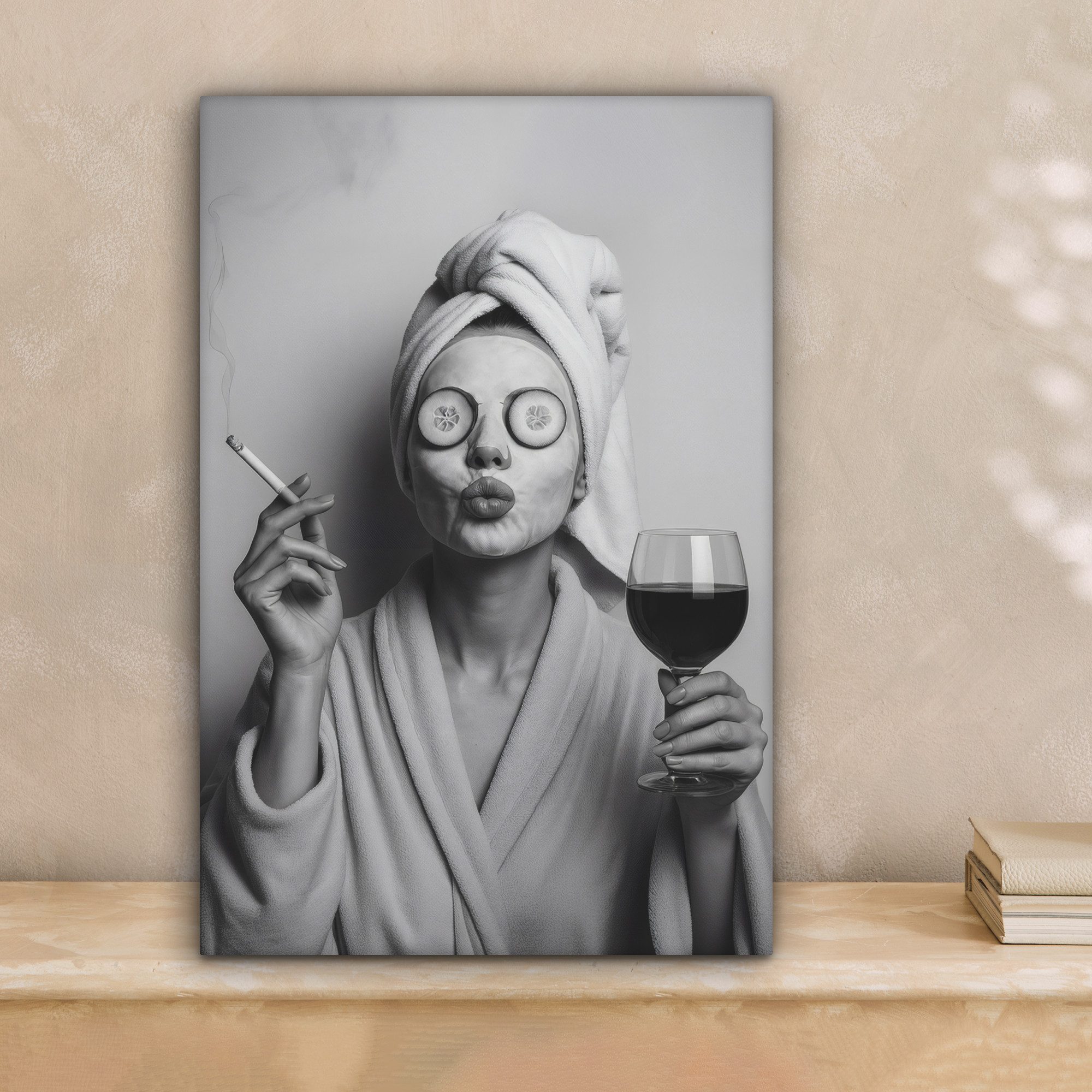 OneMillionCanvasses® Leinwandbild Frau - Maske - Wein - Zigarette, Fotodruck (1 St), Leinwand Canvas Wandbild, Wanddekoration 20x30 cm