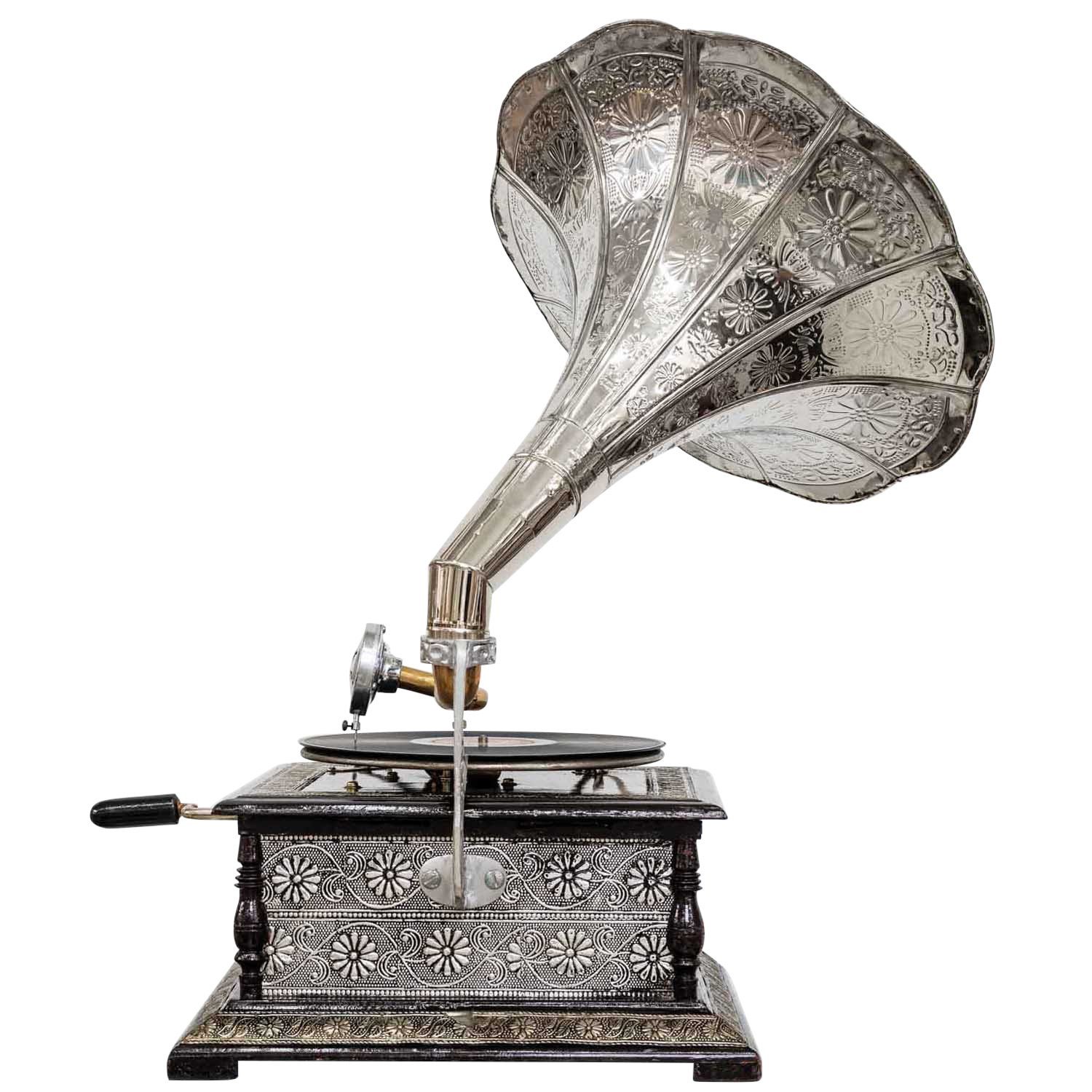 Aubaho Dekoobjekt Grammophon Gramophone Dekoration Messing Antik-Stil Grammofon Trichter