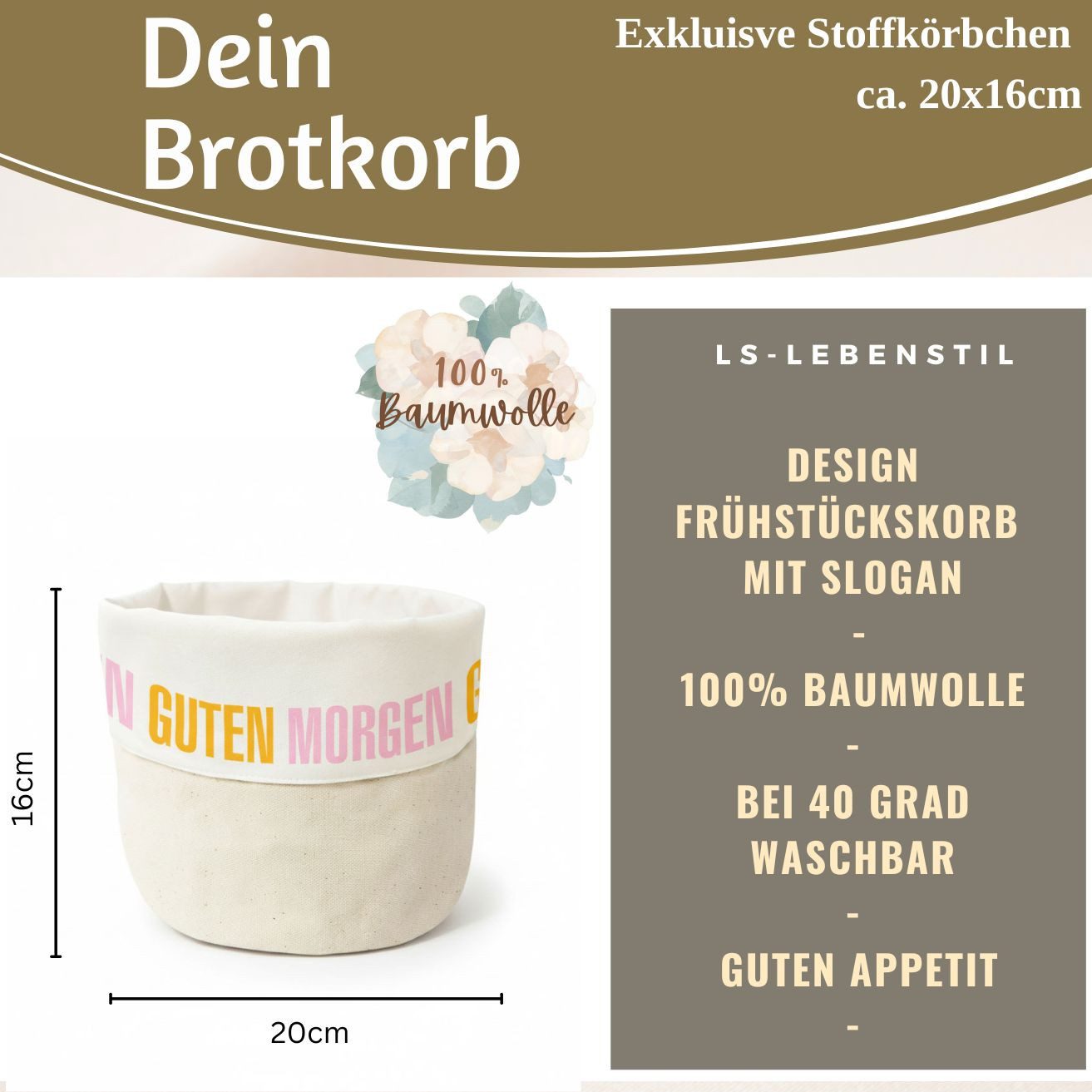 LS-LebenStil Brotkorb Brotkorb Stoffkörbchen Guten Morgen 100% Baumwolle Brotkörbchen, Baumwolle, (Frühstückskorb mit Spruch Stoff Brötchenkorb Brotaufbewahrung – Bild 2 von 5