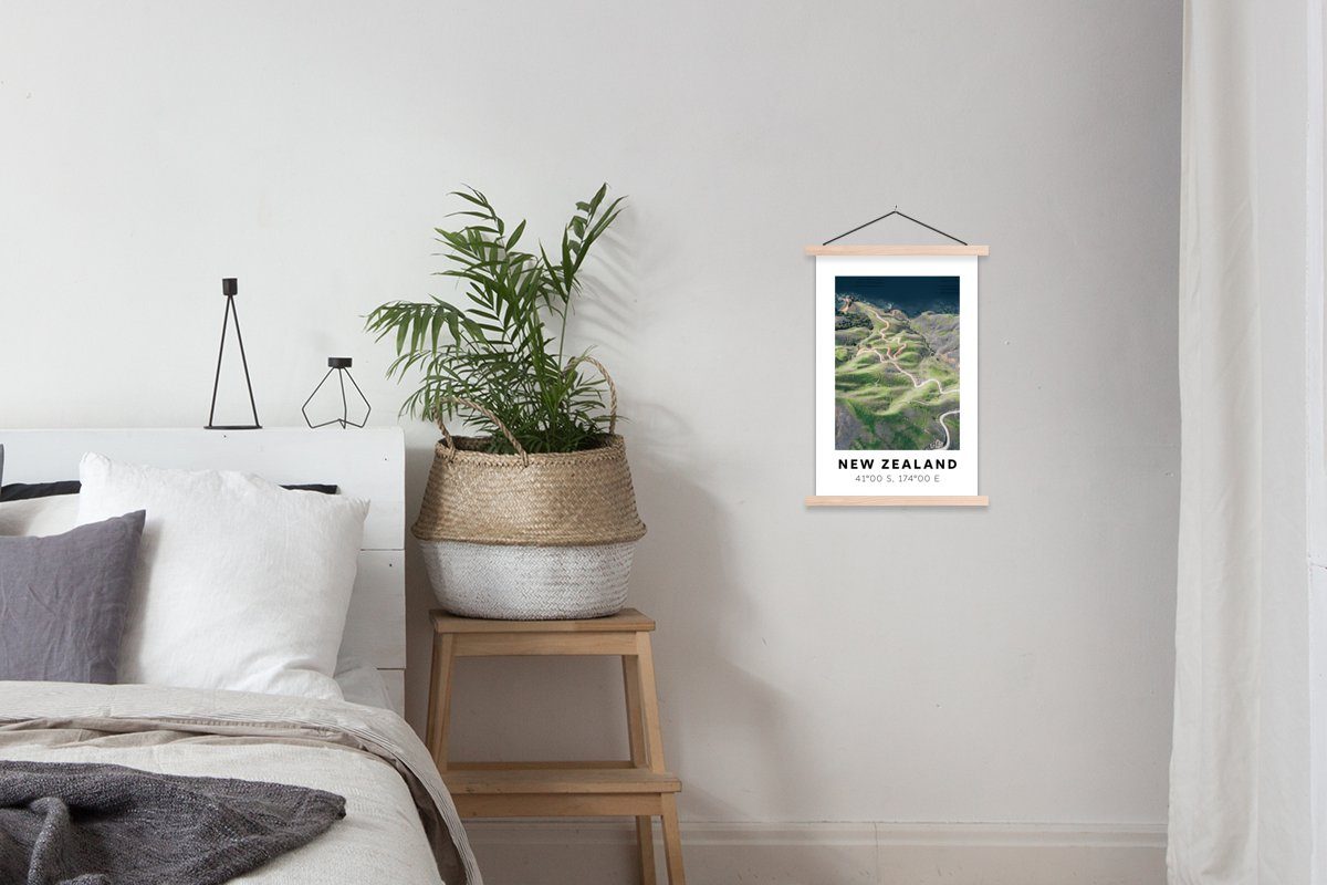 Textilposter - Poster Posterleiste, - für Neuseeland MuchoWow Strand Bilderleiste, - Grün, Magnetisch Wohnzimmer, St), (1 Berge