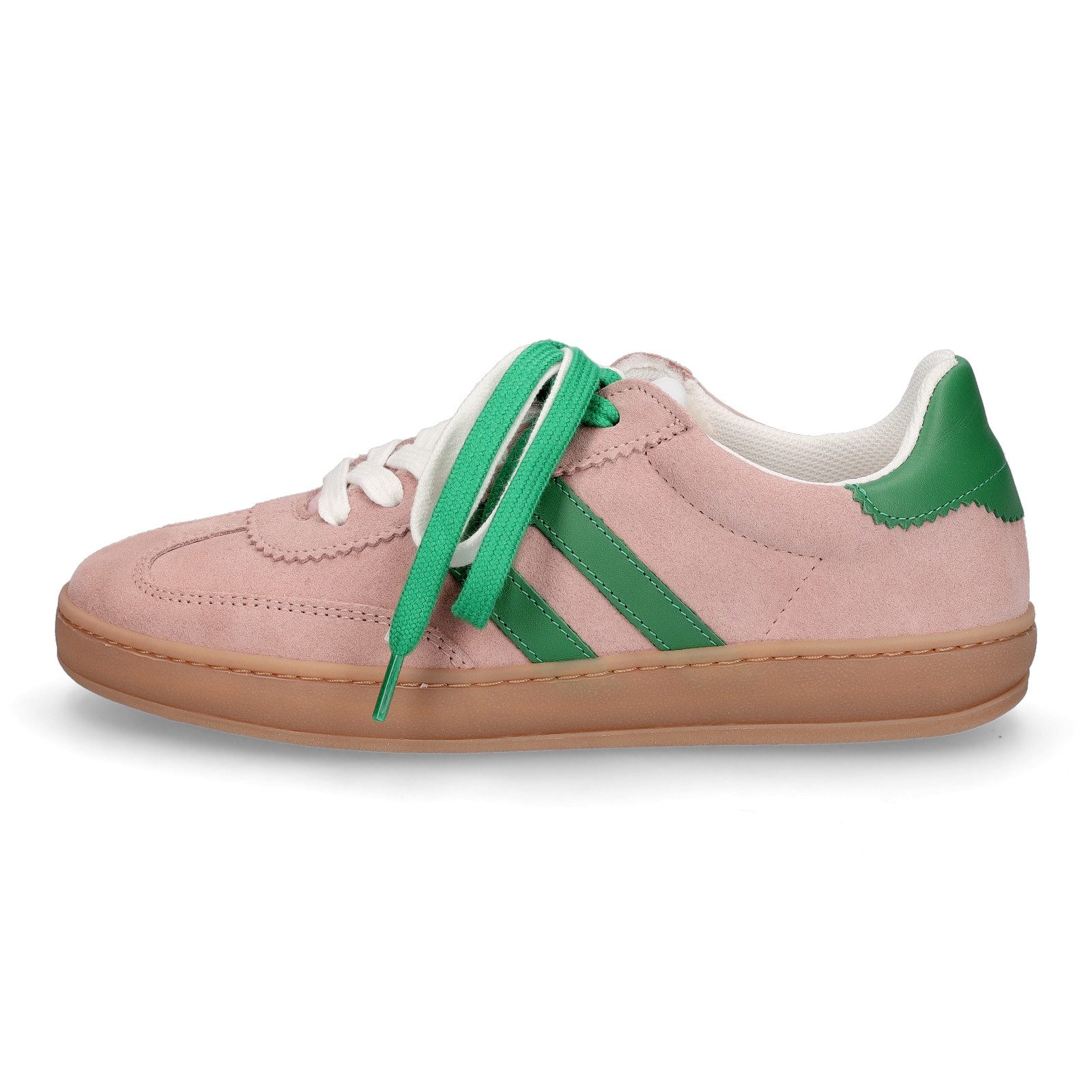 MIDS MOSS Damen Sneaker rosa Velourleder mit Wechselfußbett, grüne Streifen & Doppelschnürung