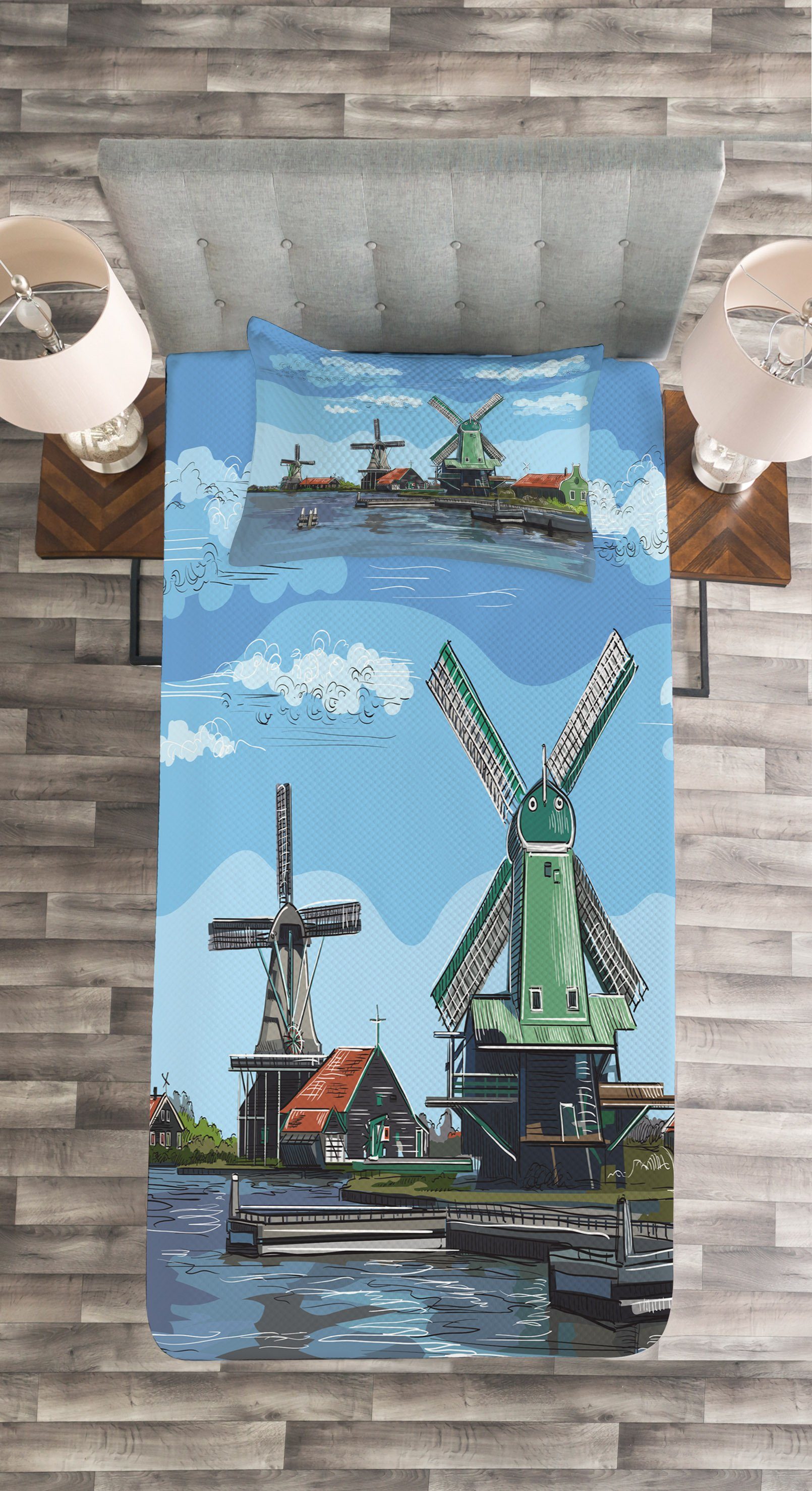 Tagesdecke Kissenbezügen Waschbar, Amsterdam Cartoon-Stil Abakuhaus, Set Windmühle mit