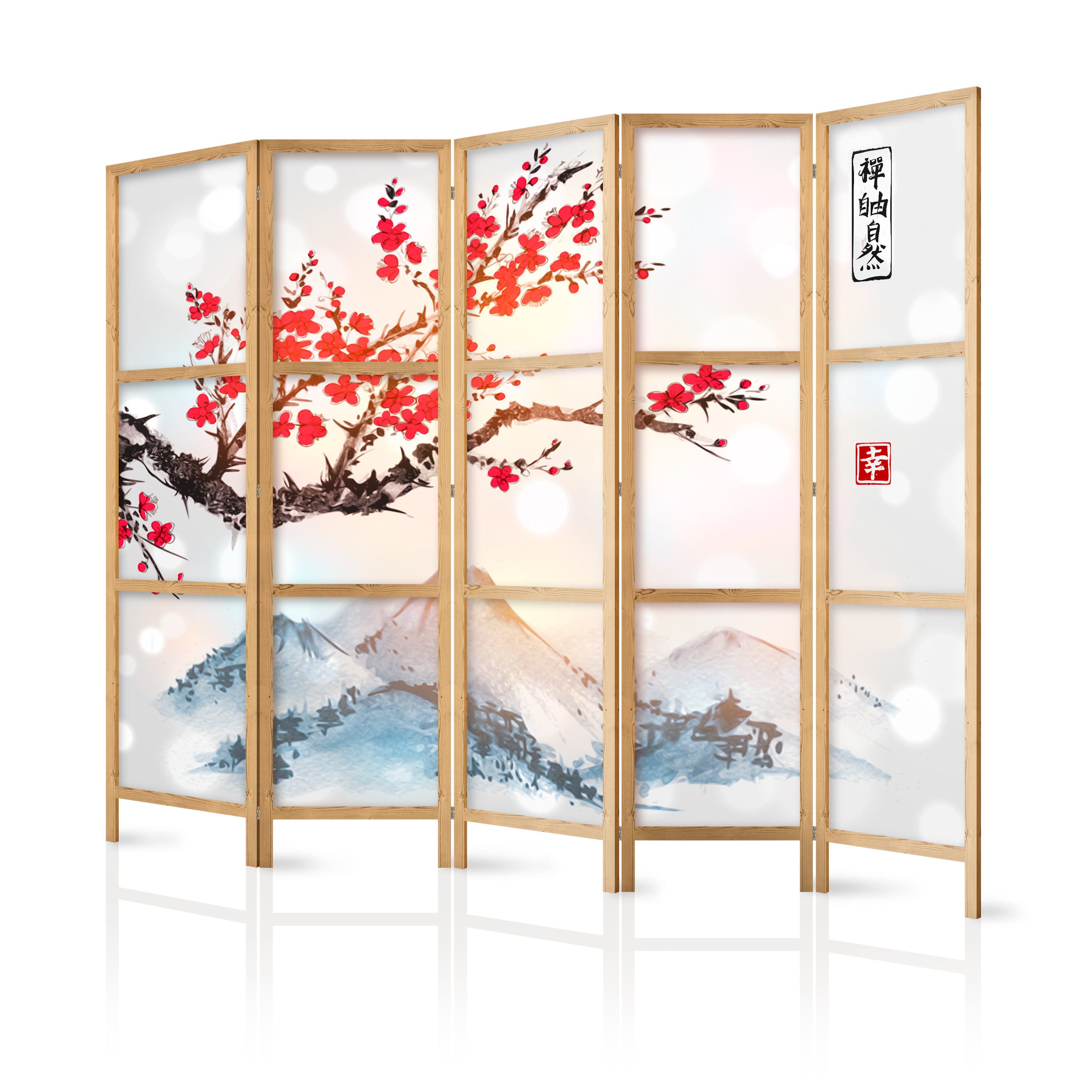 Muralo Paravent 5-teilig Japanischer Paravent klappbar Berg Fuji Kirschblüten Vintage (Packung, 1 St., 225x172 cm), Für das Wohnzimmer, das Schlafzimmer