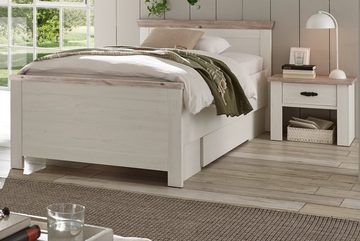 Furn.Design Bett Rovola (Einzelbett in Pinie weiß Landhaus, Liegefläche 100 x 200 cm), mit verstellbarer Einlasstiefe