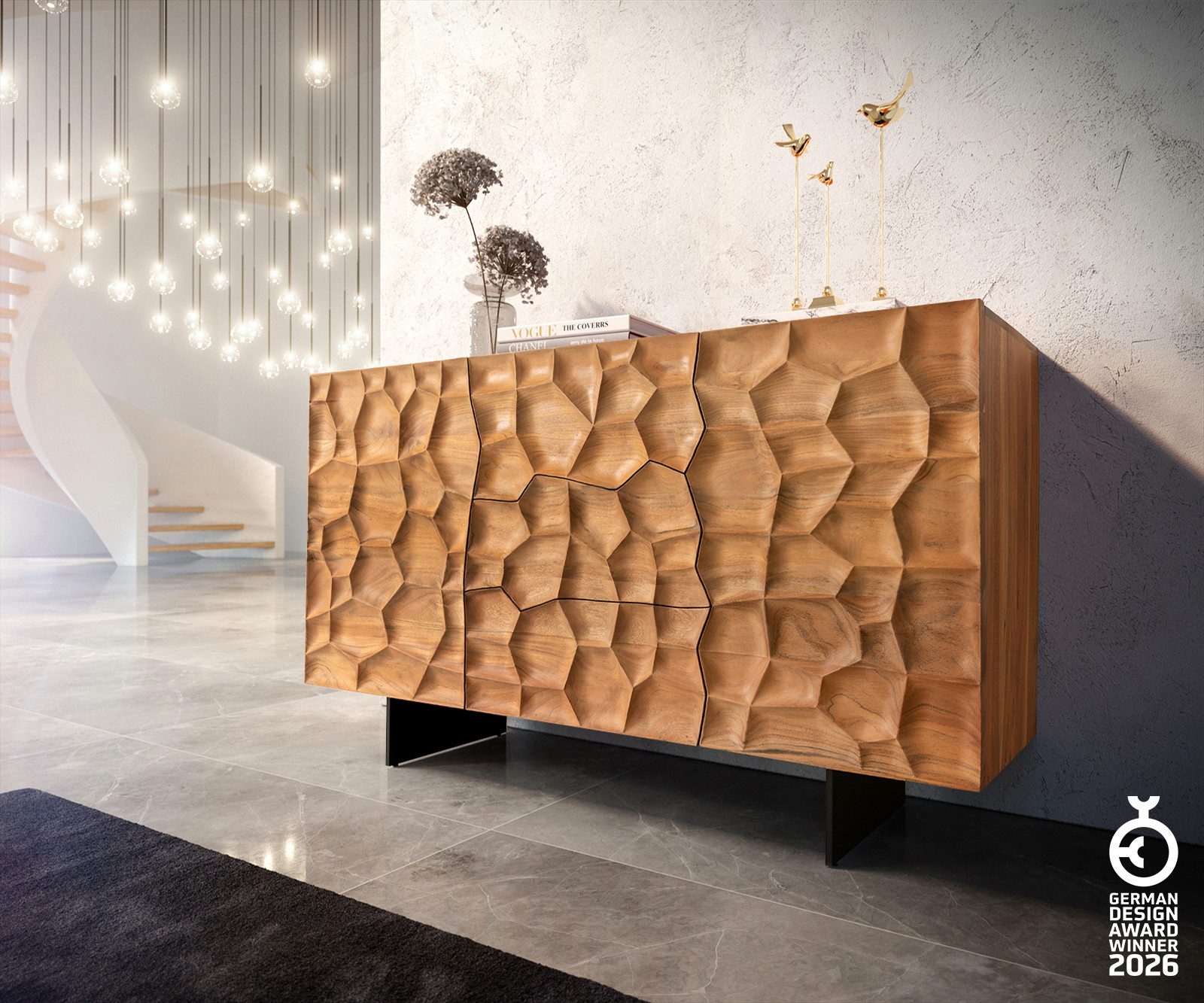 DELIFE Sideboard Solu, Akazie Natur 145 cm 2 Türen 3 Schübe Sideboard 3D-Front