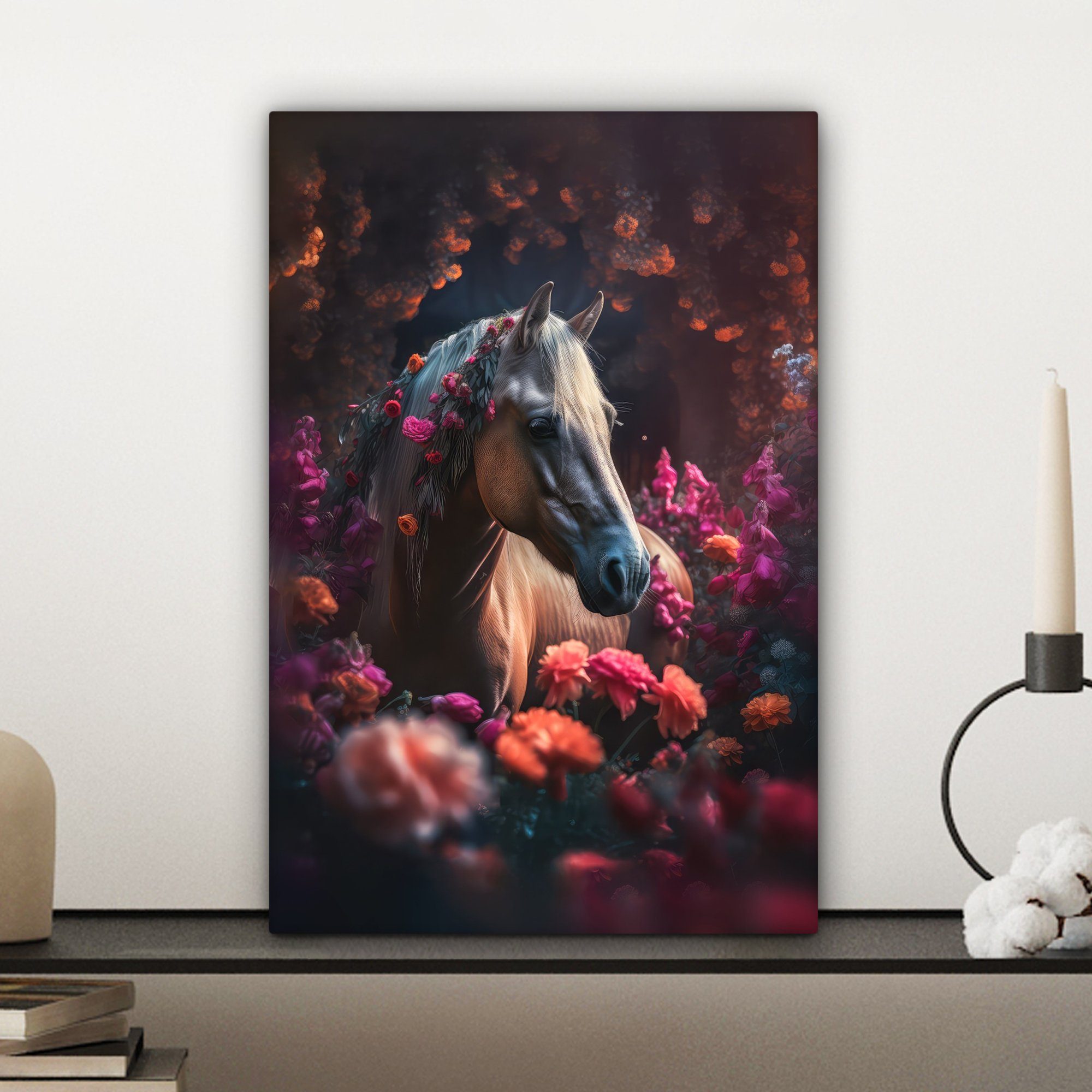 Tiere, 20x30 Leinwandbild cm Pferd Zackenaufhänger, - OneMillionCanvasses® Leinwandbild - (1 inkl. Lila fertig - Gemälde, bespannt Orange Blumen - St),