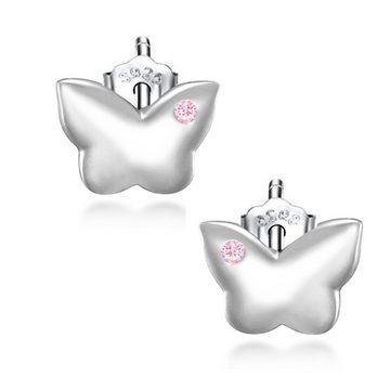 Limana Paar Ohrstecker Ohrringe für Kinder Mädchen 925 Silber rosa Herz Schmetterling, Kinderohrringe Mädchenohrringe Kinderschmuck Echtschmuck